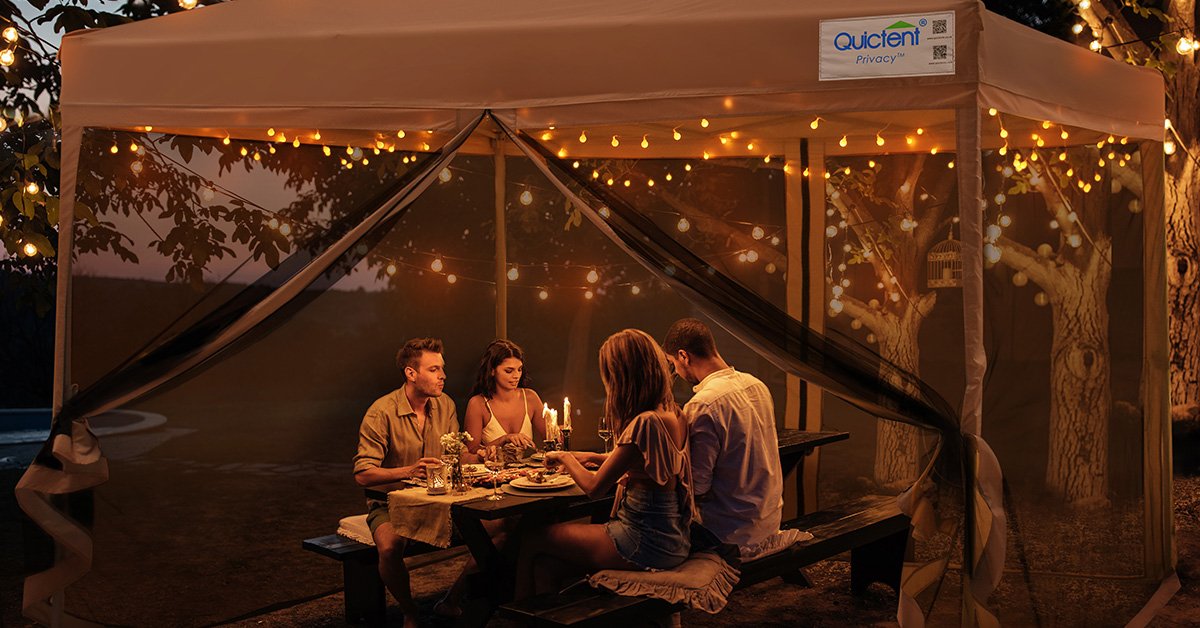 Quictent Pop up Canopy with Netting Serving for Romantic Dinner