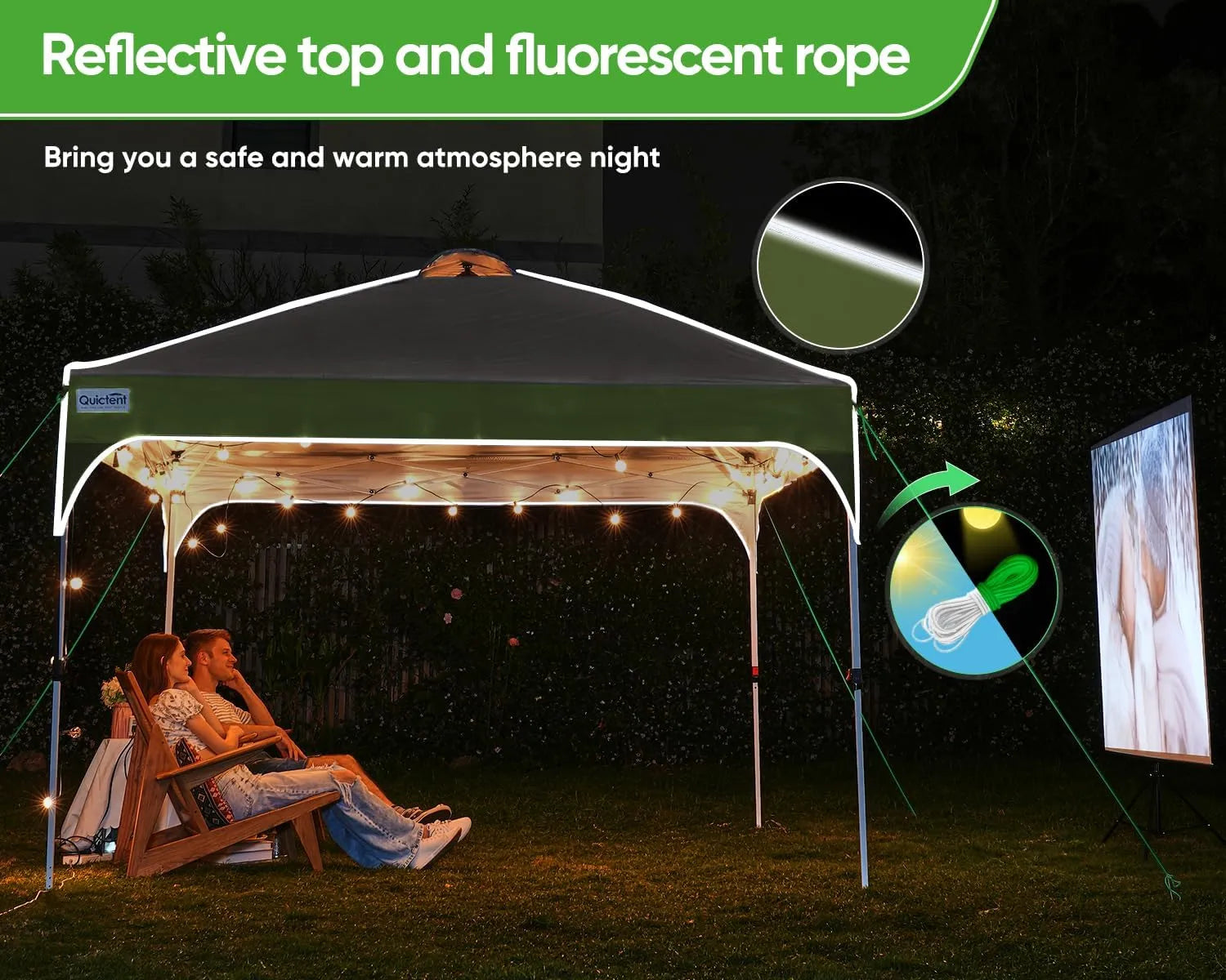 White and Green event tent with reflective top and fluorescent rope#color_white&green