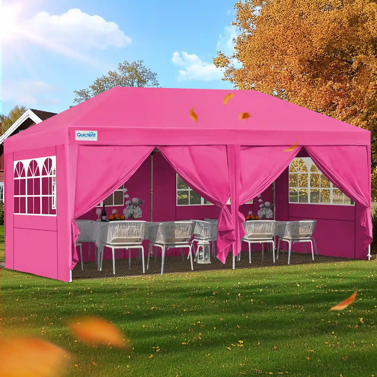 Pink outdoor canopy tent with church window curtains#color_Pink