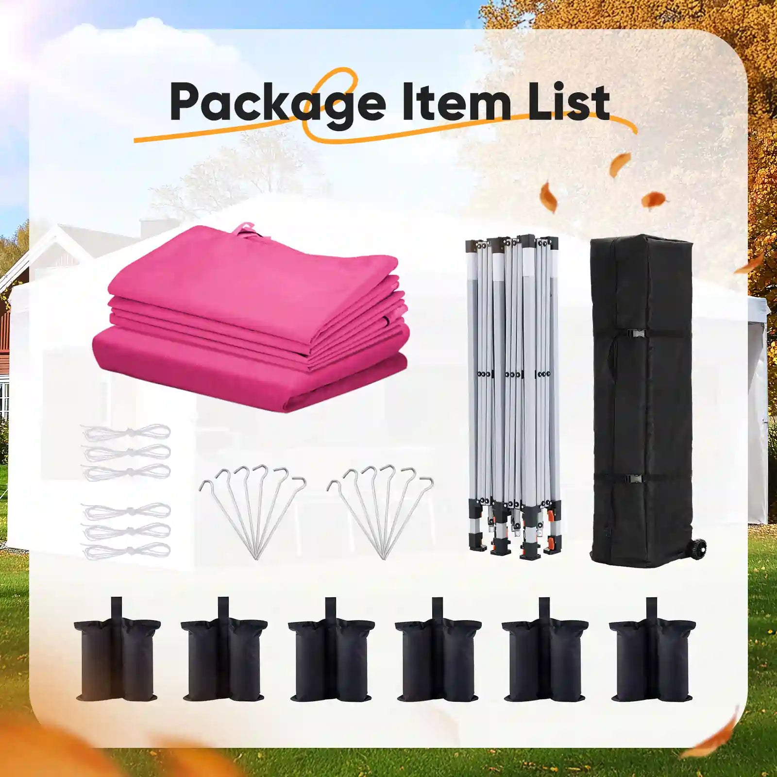 Package item list with pink fabric, stakes, and carrying bag#color_Pink