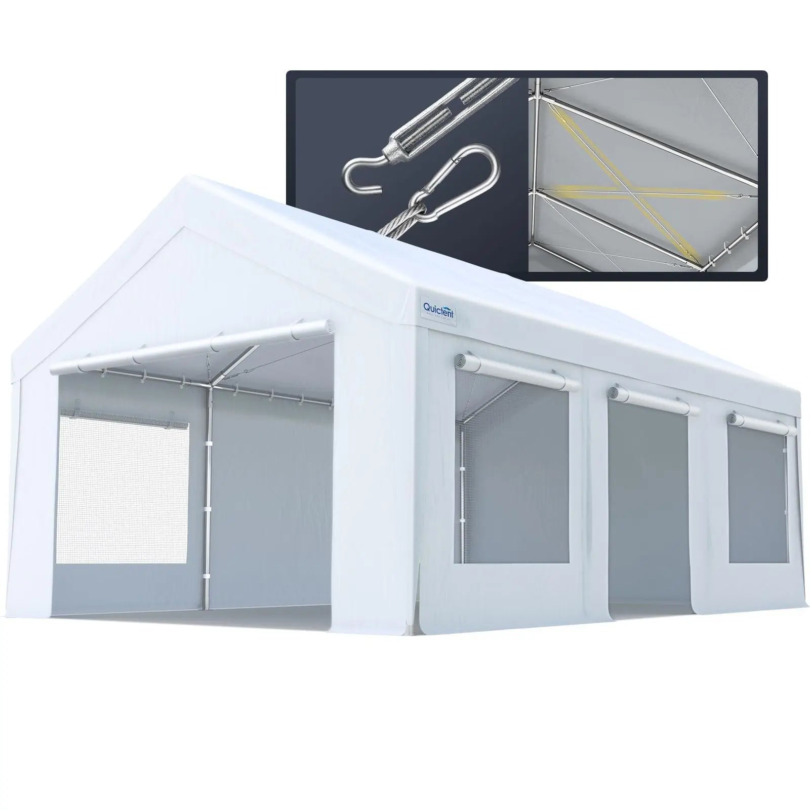 12x20 ft Carports with Side Zipper Doors & Snowproof Steel Cables & Ventilated Windows#color_12'x20'-White