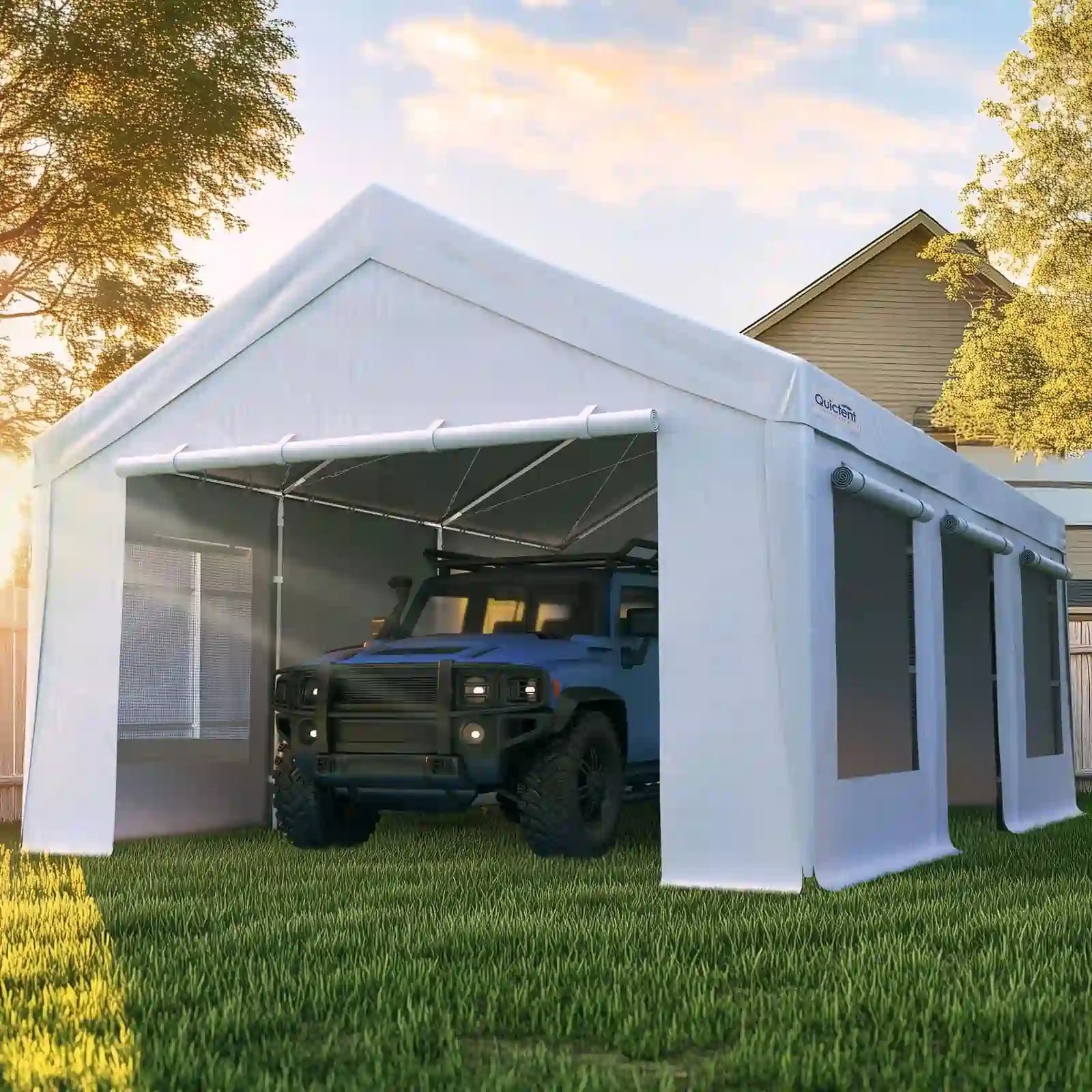 Quictent Heavy Duty 12x20 ft Carports with Side Zipper Doors#color_12'x20'-White