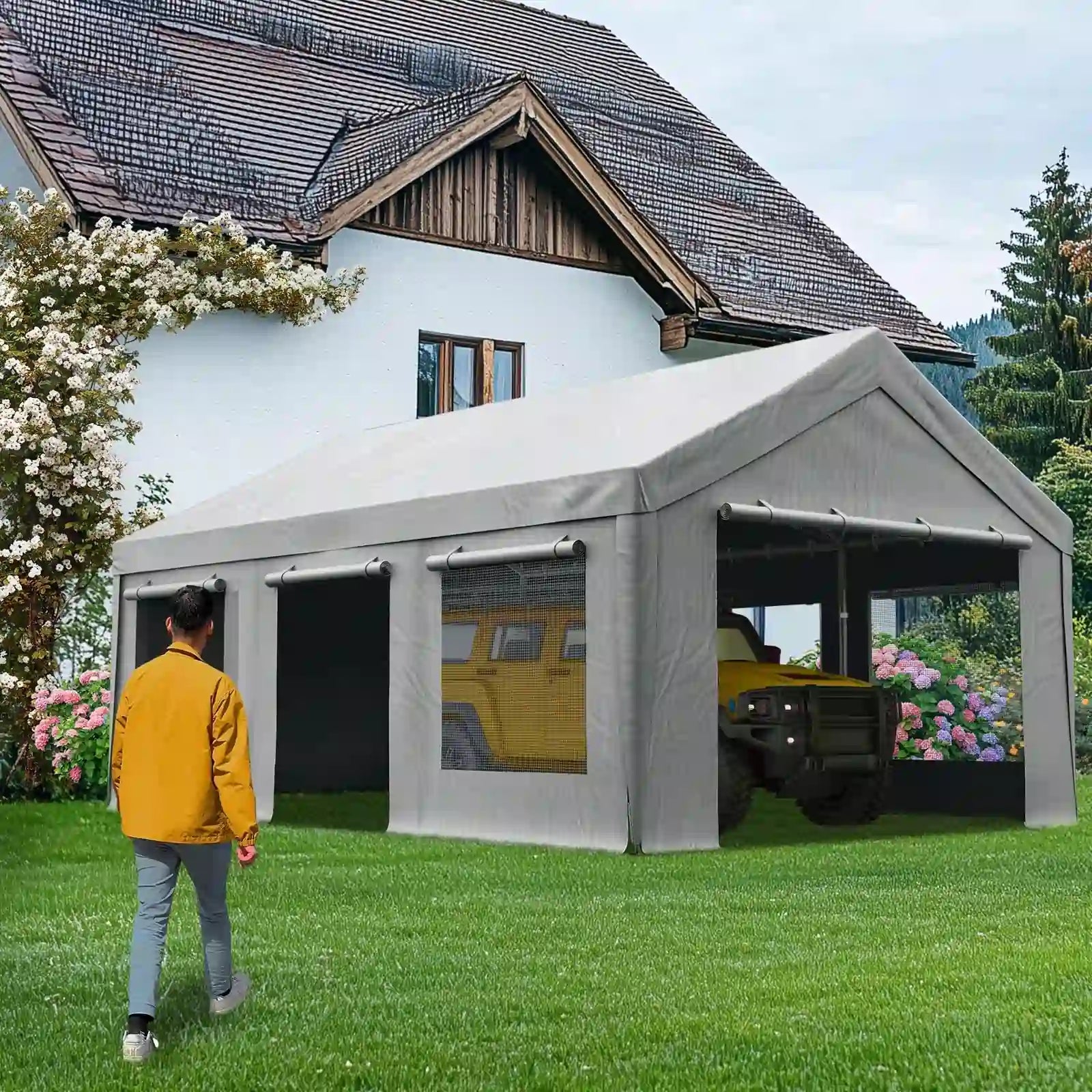 12x20ft Carport with Side Zipper Doors#color_12'x20'-Gray