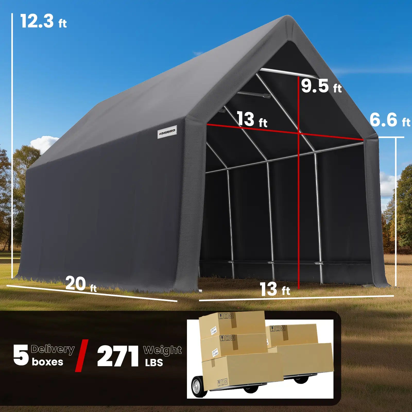 KING BIRD 13' x 20' x 12' Dark Gray Portable Shed Size#size_13' x 20'-Peak