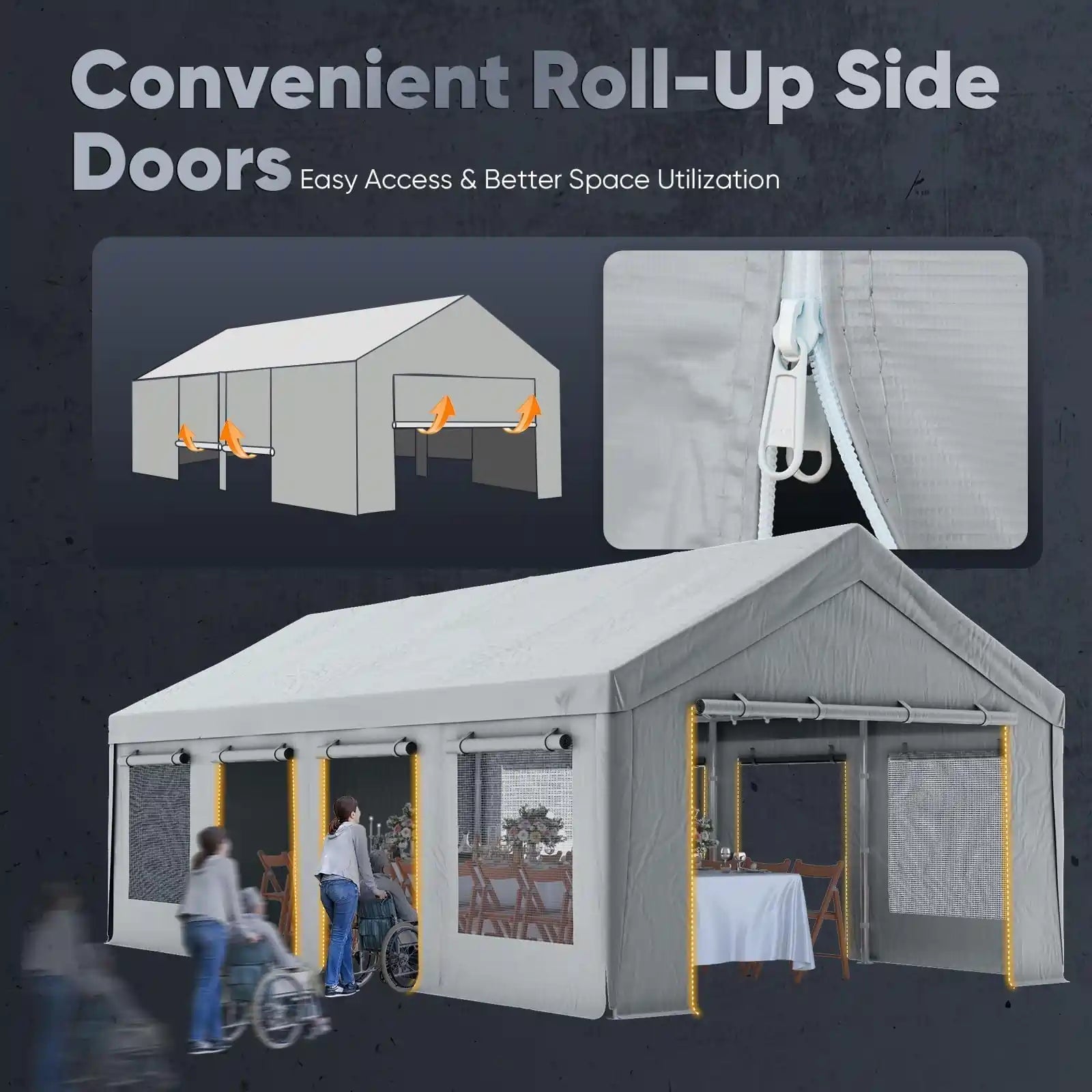 Convenient Roll-Up Side Doors for easy access#color_13'x25'-Gray