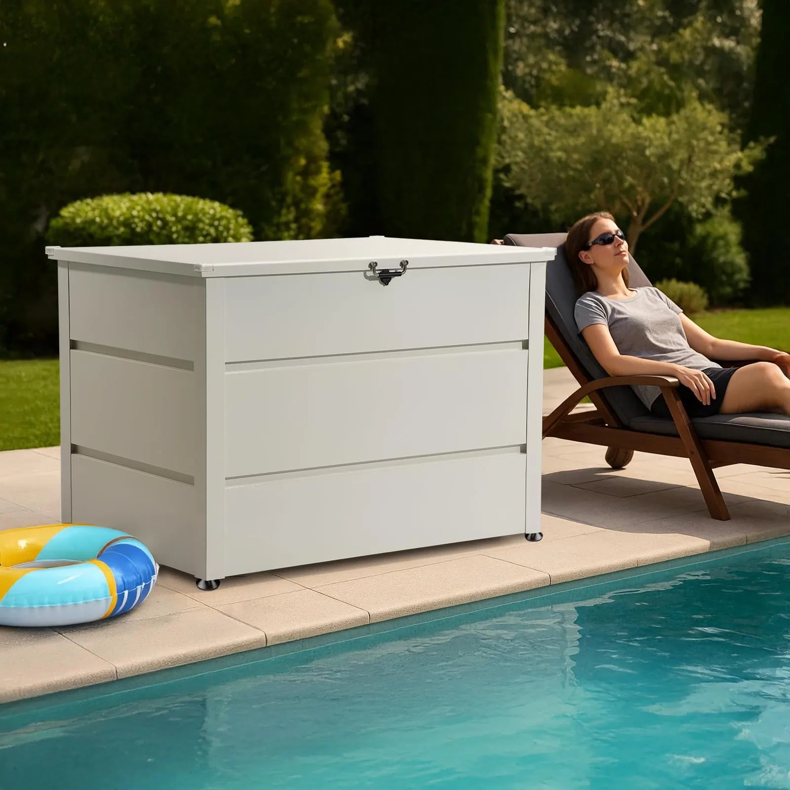 White 150 Gallon Metal Outdoor Deck Box with Hydraulic Lid#color_white