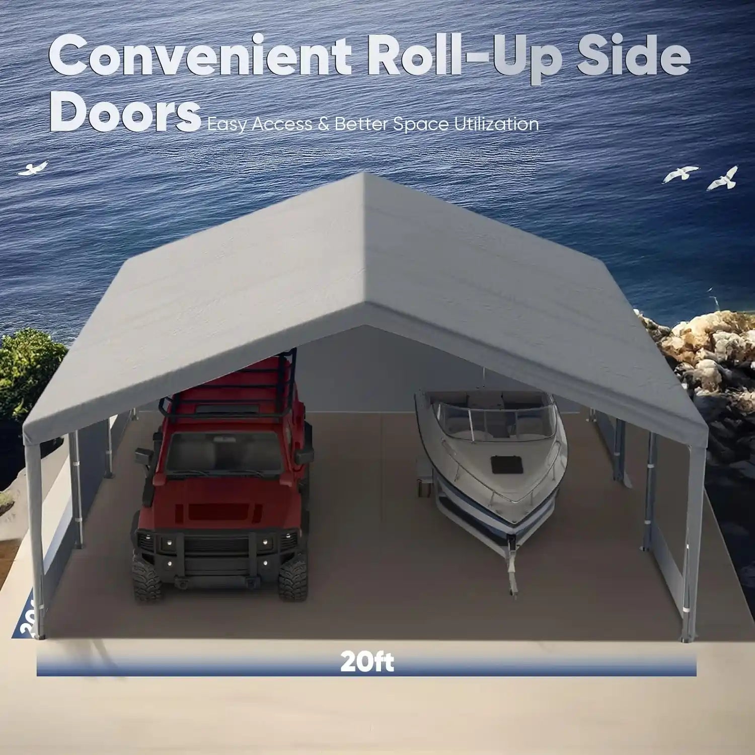 Carports with Side Zipper Doors#color_20'x20'-Gray w/Steel Cables