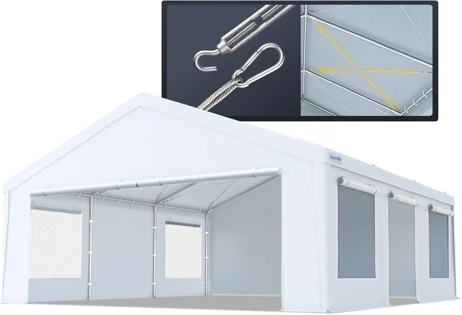 20x20 ft Heavy Duty 2 Car Carports#color_20'x20'-White w/Steel Cables