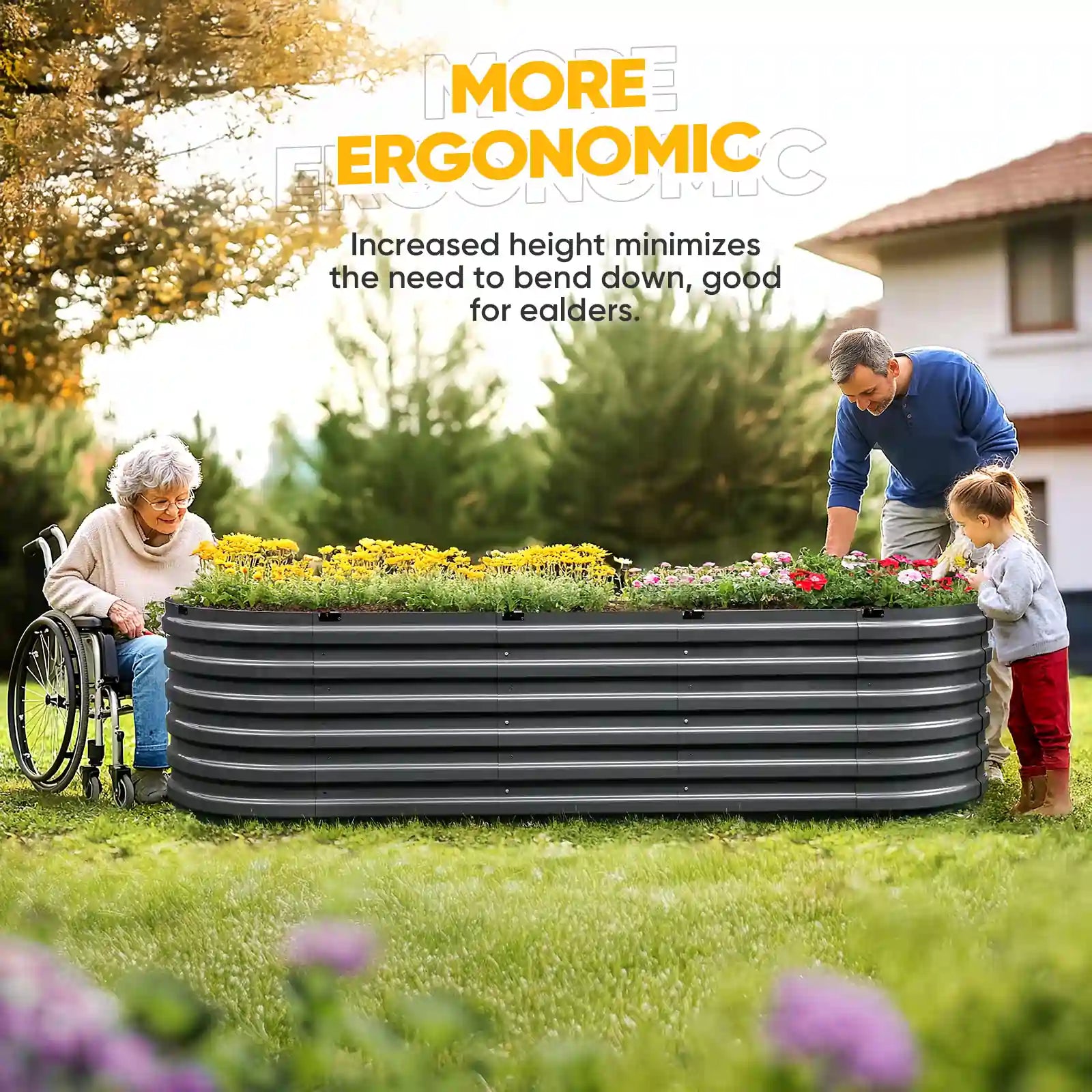 Increased height minimizes the need to bend down, good for ealders#size_8x3x2ft