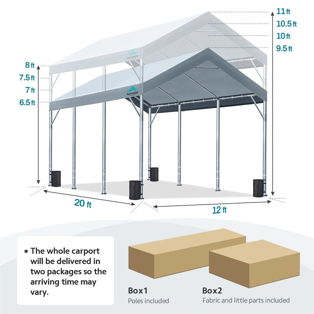 Adjustable Height from 9.5ft to 11ft#color_gray-12'x20'