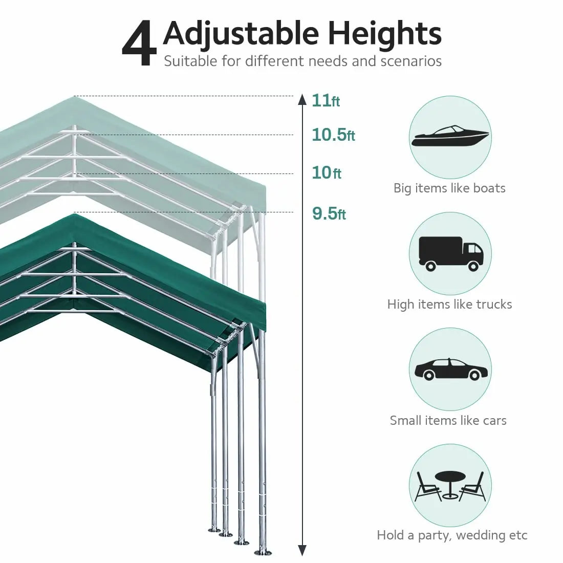 4 Adjustable Heights from 9.5ft to 11ft#color_green-12'x20'