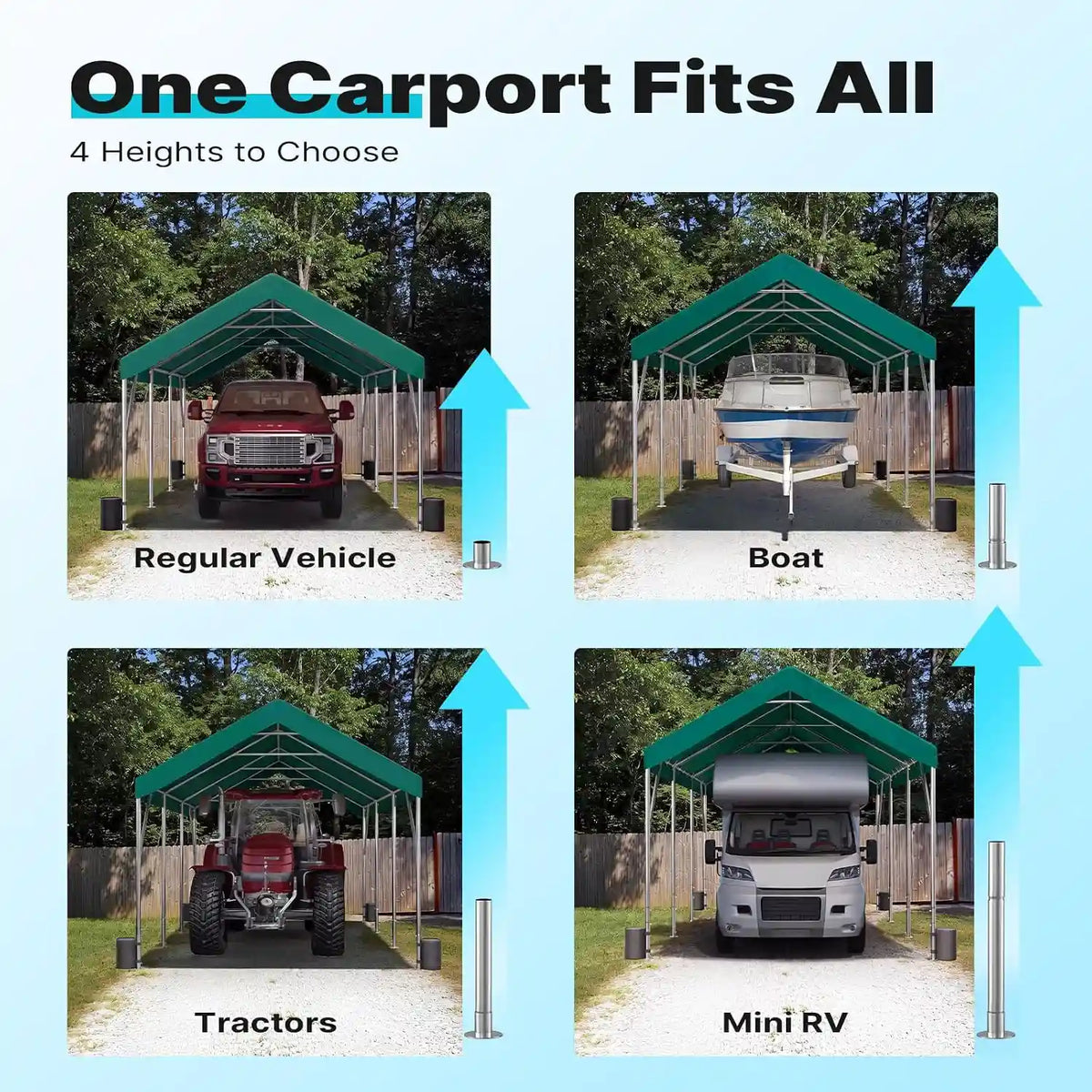 4 Adjustable Heights from 9.5ft to 11ft#style_green-12'x20'