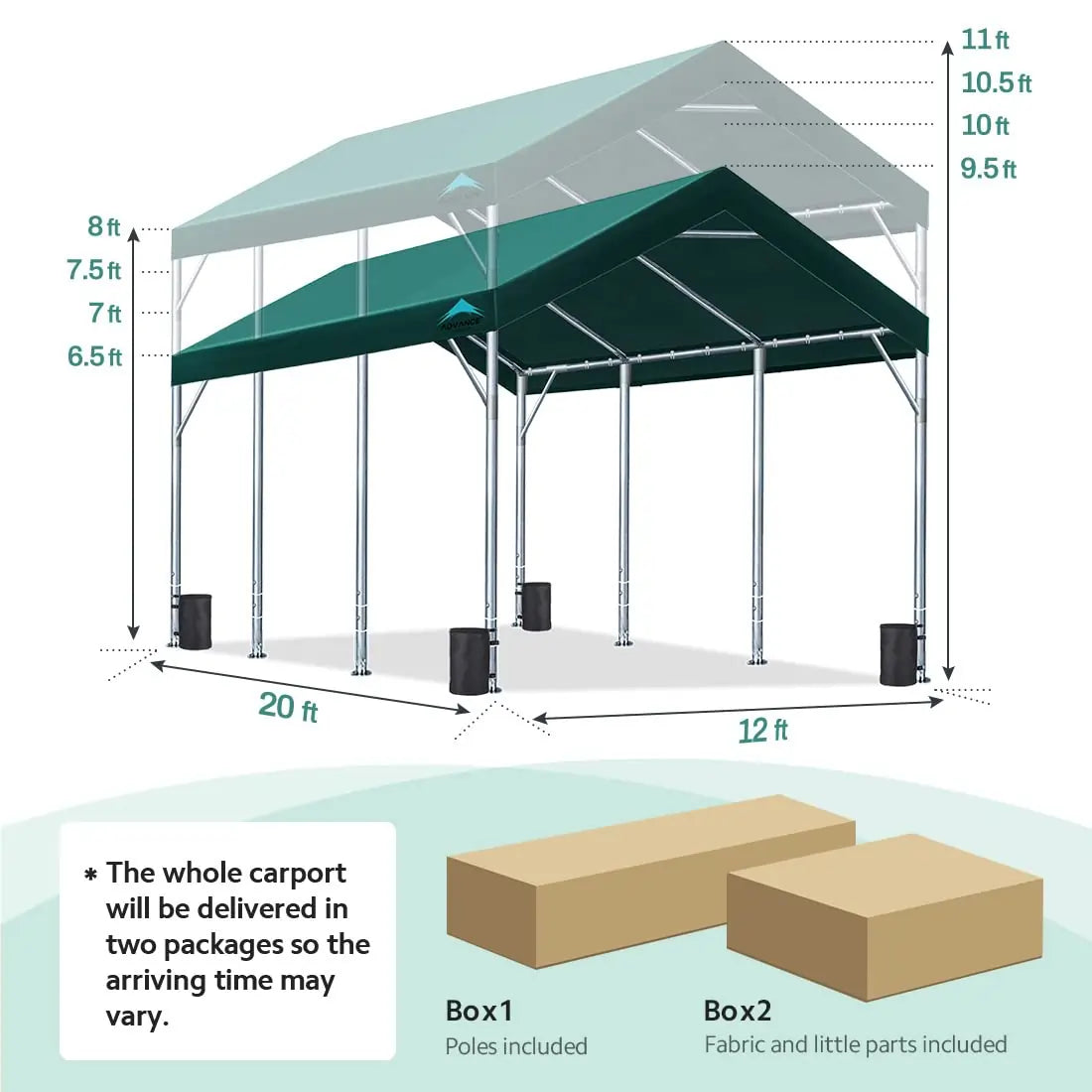 Green 12x20ft Potable Carport Size#color_green-12'x20'