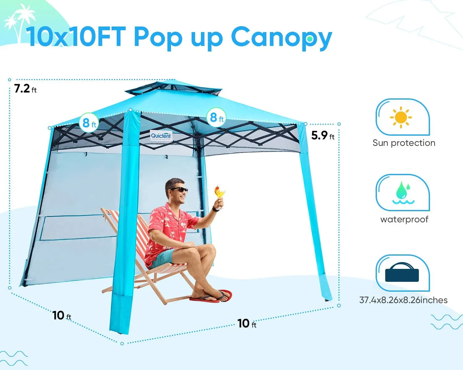 10x10 Compact Portable Popup Canopy Size#style_Blue w/ 1 Sidewall