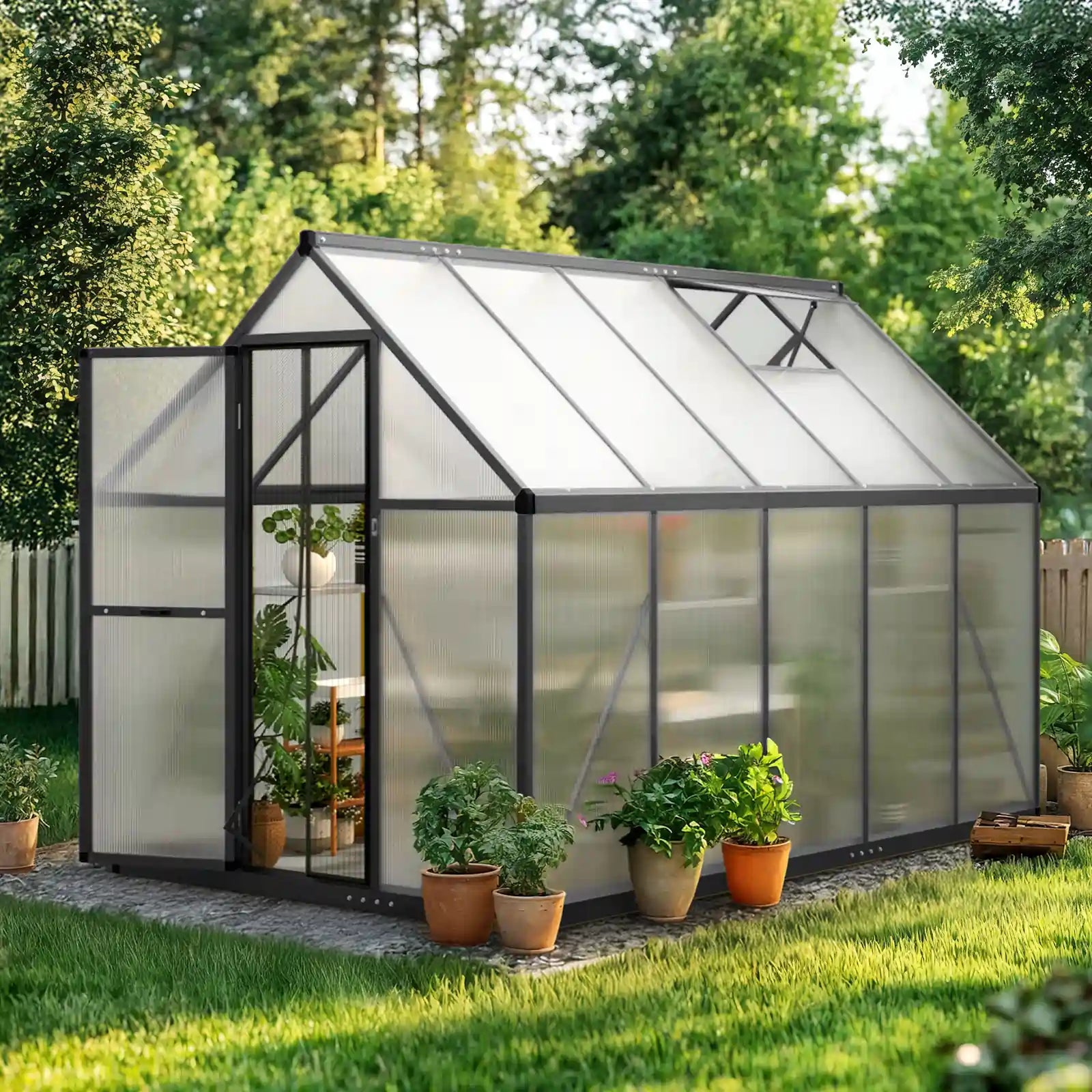Black Greenhouse with Lockable Screen Door, Vent, 2 Shelves#size_9.2X5.6X6.4ft-Black