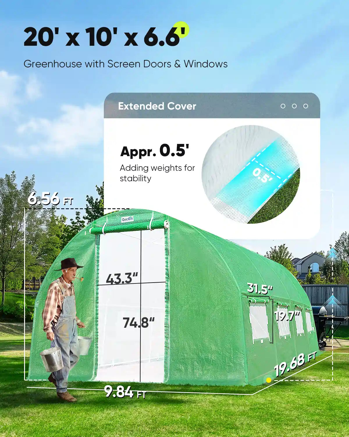 20' x 10' x 6.6' Greenhouse with Screen Doors & Windows#color_green