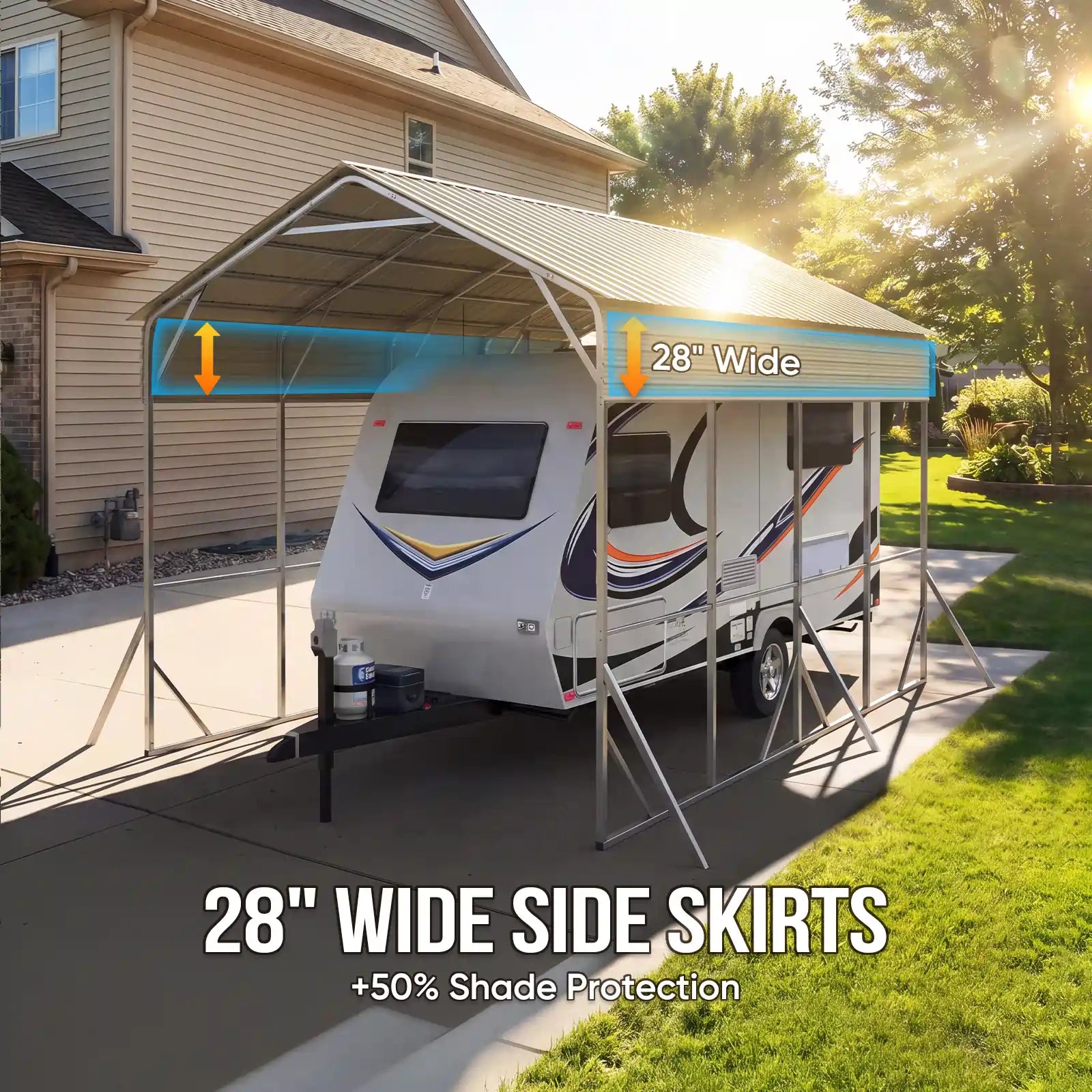 Carport with 28-inch wide side skirts providing shade protection#size_14X20ft-Taller