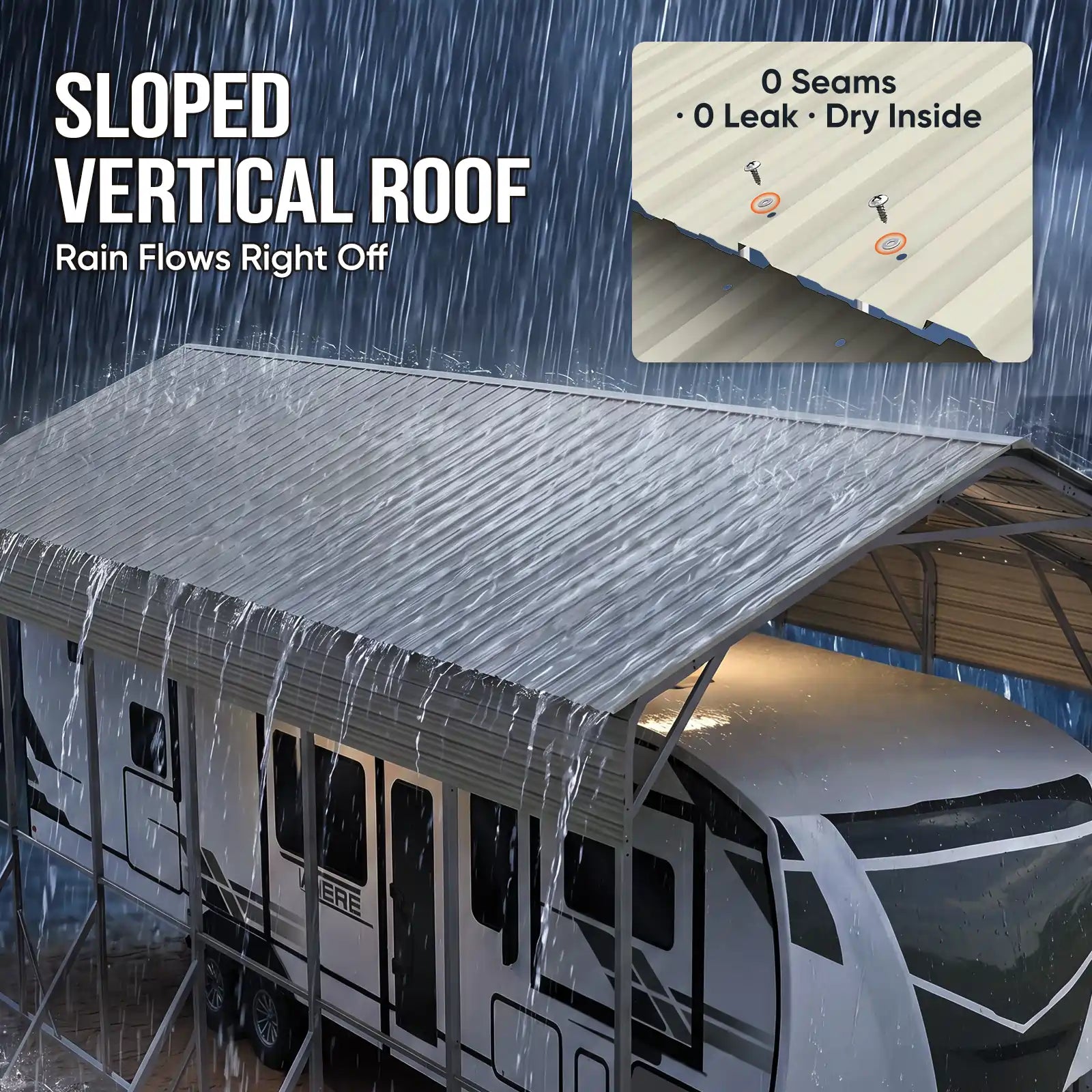 Sloped vertical roof design with rainwater drainage system#size_14X30ft-Taller