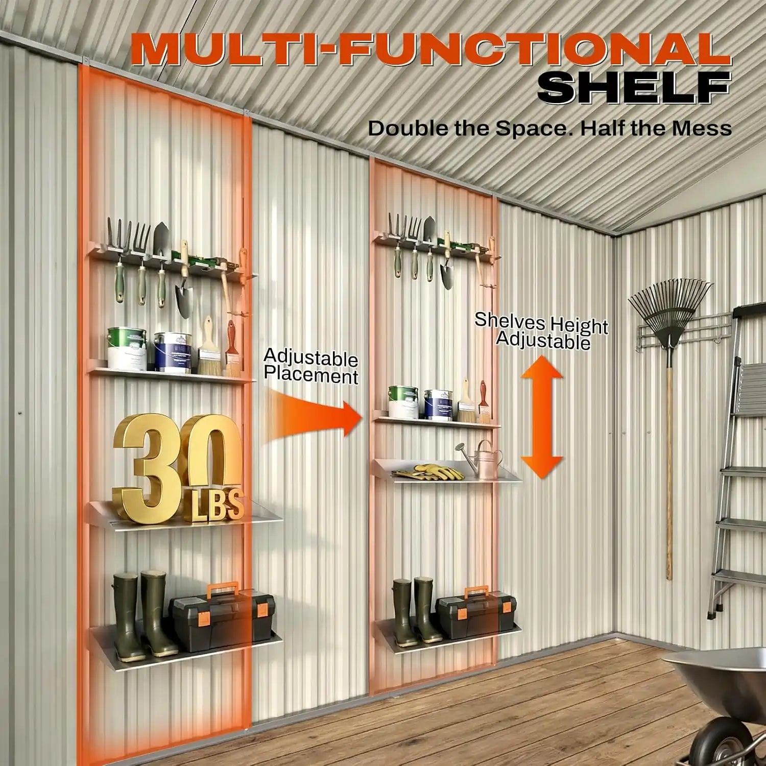 Multifunctional shelf with adjustable shelf and placement#size_8x4FT