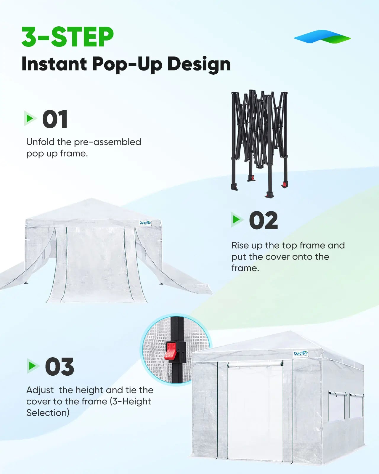 3-step instant pop-up design guide with a pre-assembled pop-up frame, top frame, and cover