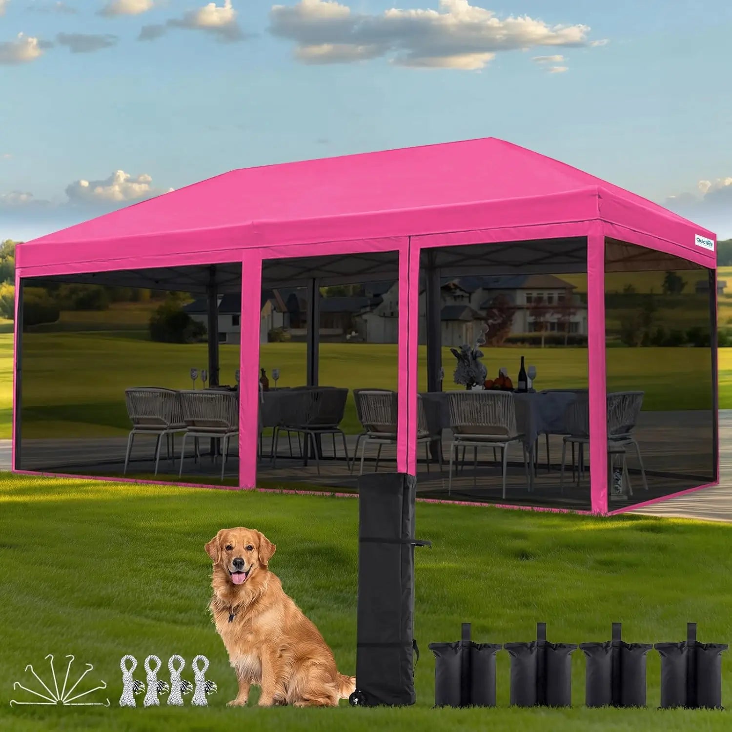 Pink outdoor canopy tent with screen walls#color_Pink