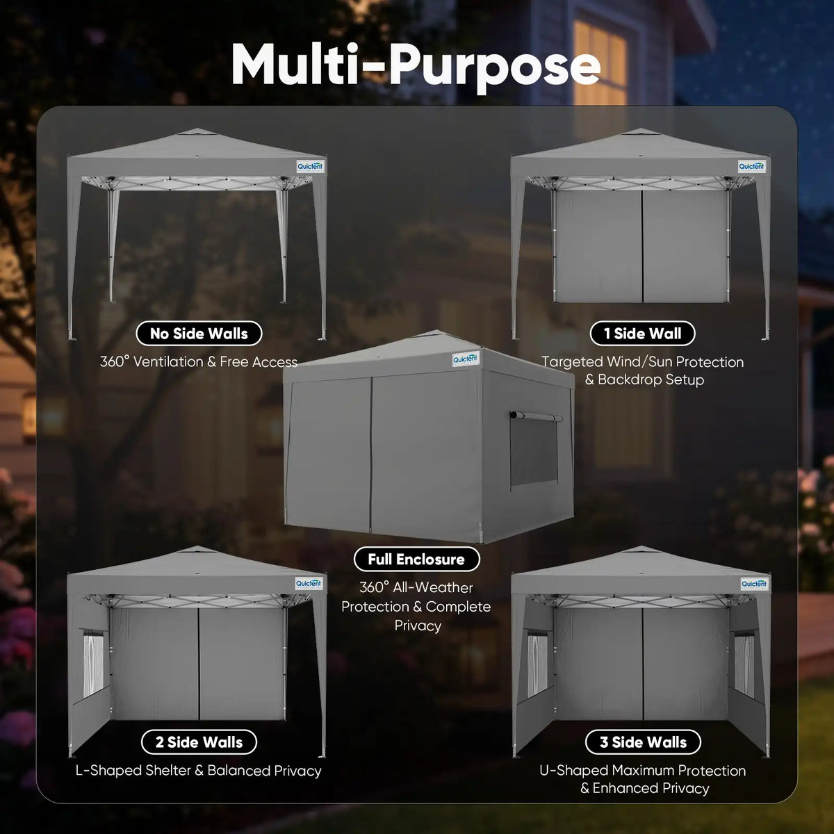 Perfect for short-term setups, backyard relaxation, and camping trips#style_Gray w/ 4 Sidewalls