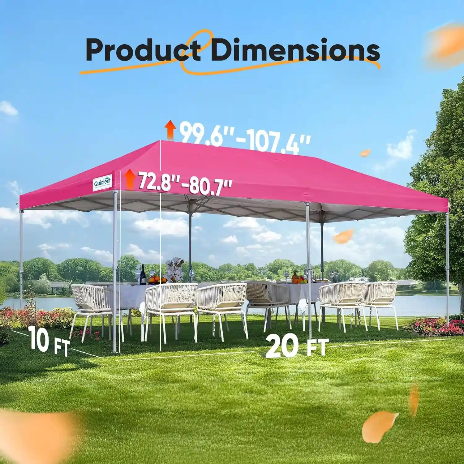 Pink outdoor canopy tent with dimensions displayed#color_pink