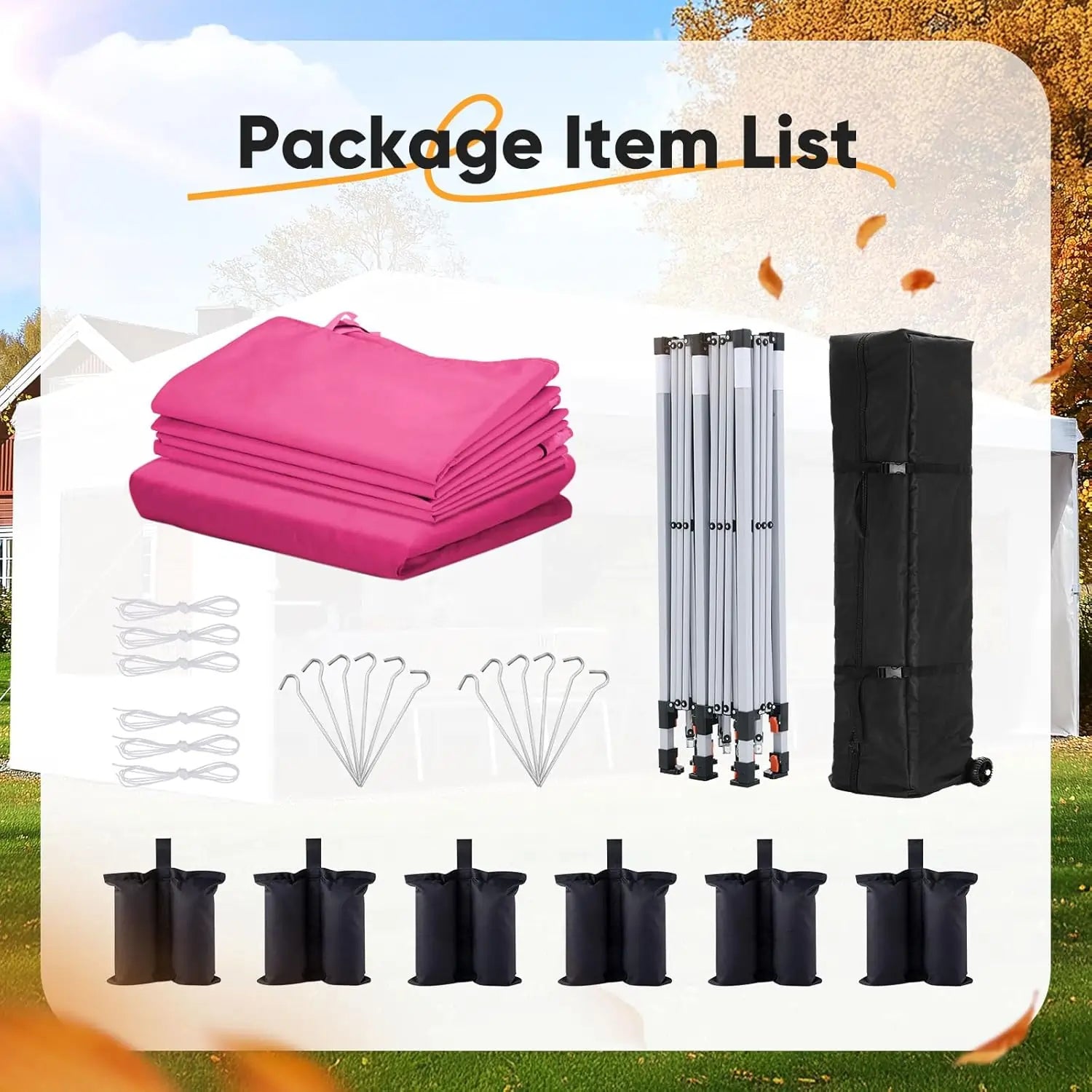 Package item list with pink fabric, stakes, and carrying bag#color_pink
