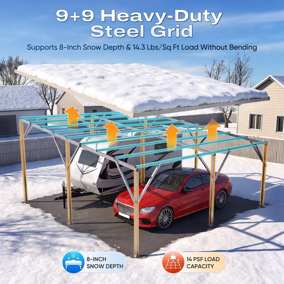 robust 9+9 steel roof grid holds up to 14.3 PSF snow load#size_20X20ft Lean-to-Slope Roof
