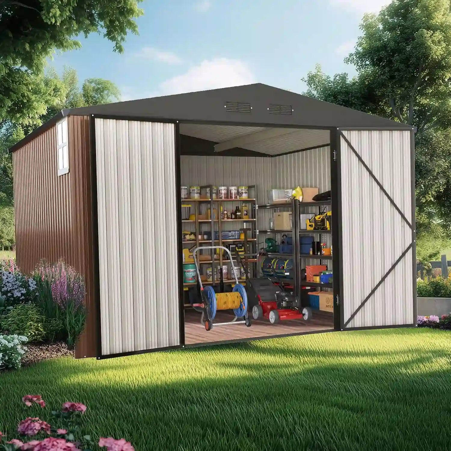 9.5X9.5 FT Heavy Duty Storage Shed#size_114.17"x114.17"-Brown