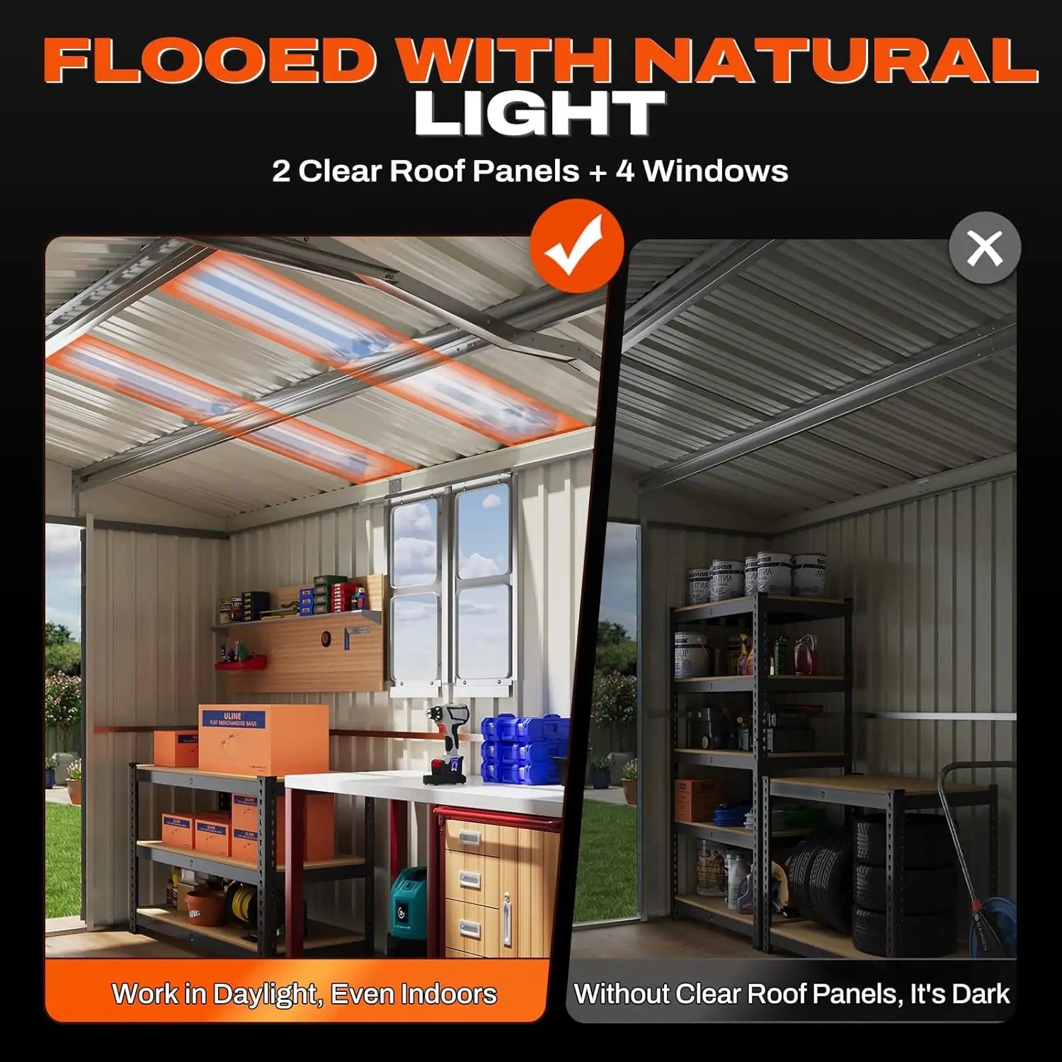 Storage shed interior with natural light coming through clear roof panels and windows#size_10x16FT w/Clear Roof Panel