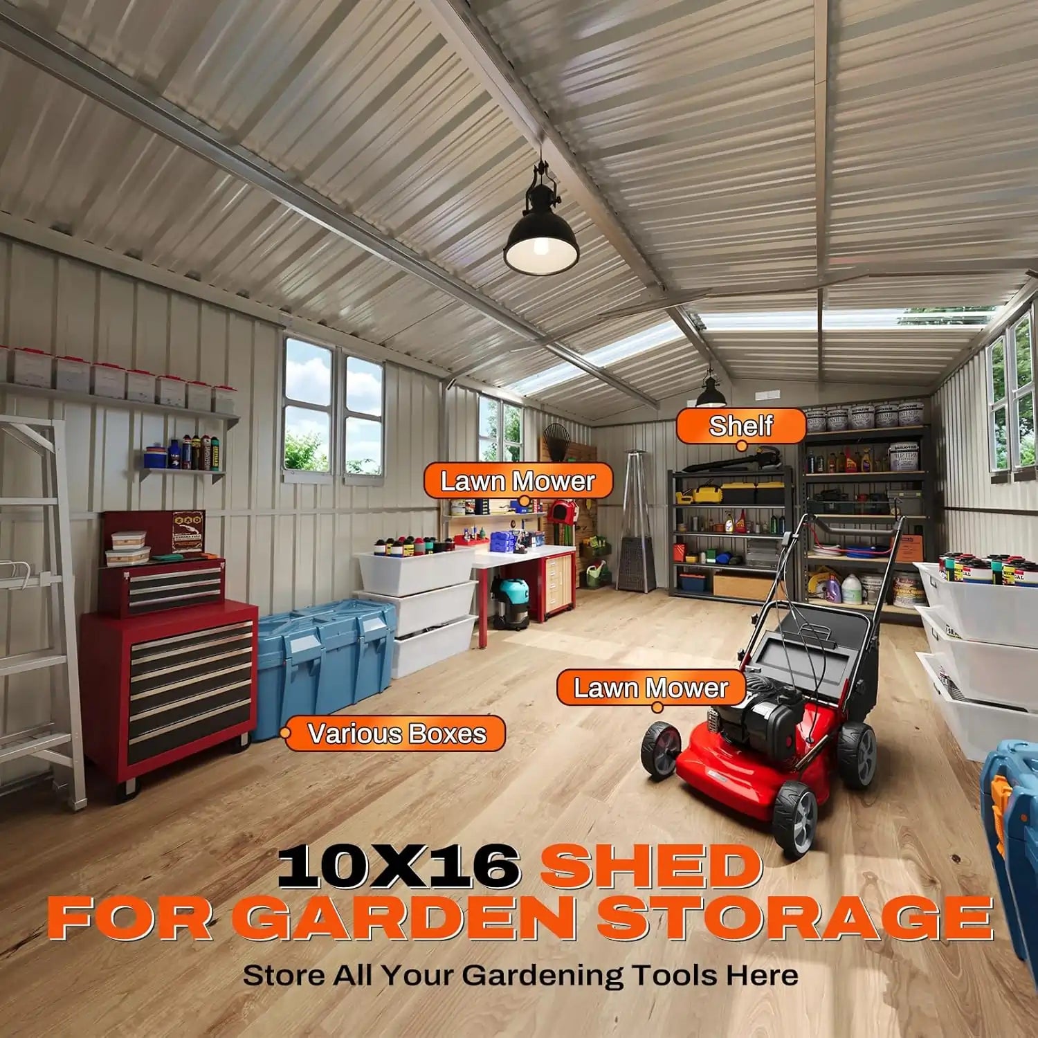 10x16ft Metal Workshop with gardening tools and equipment#size_10x16FT w/Clear Roof Panel
