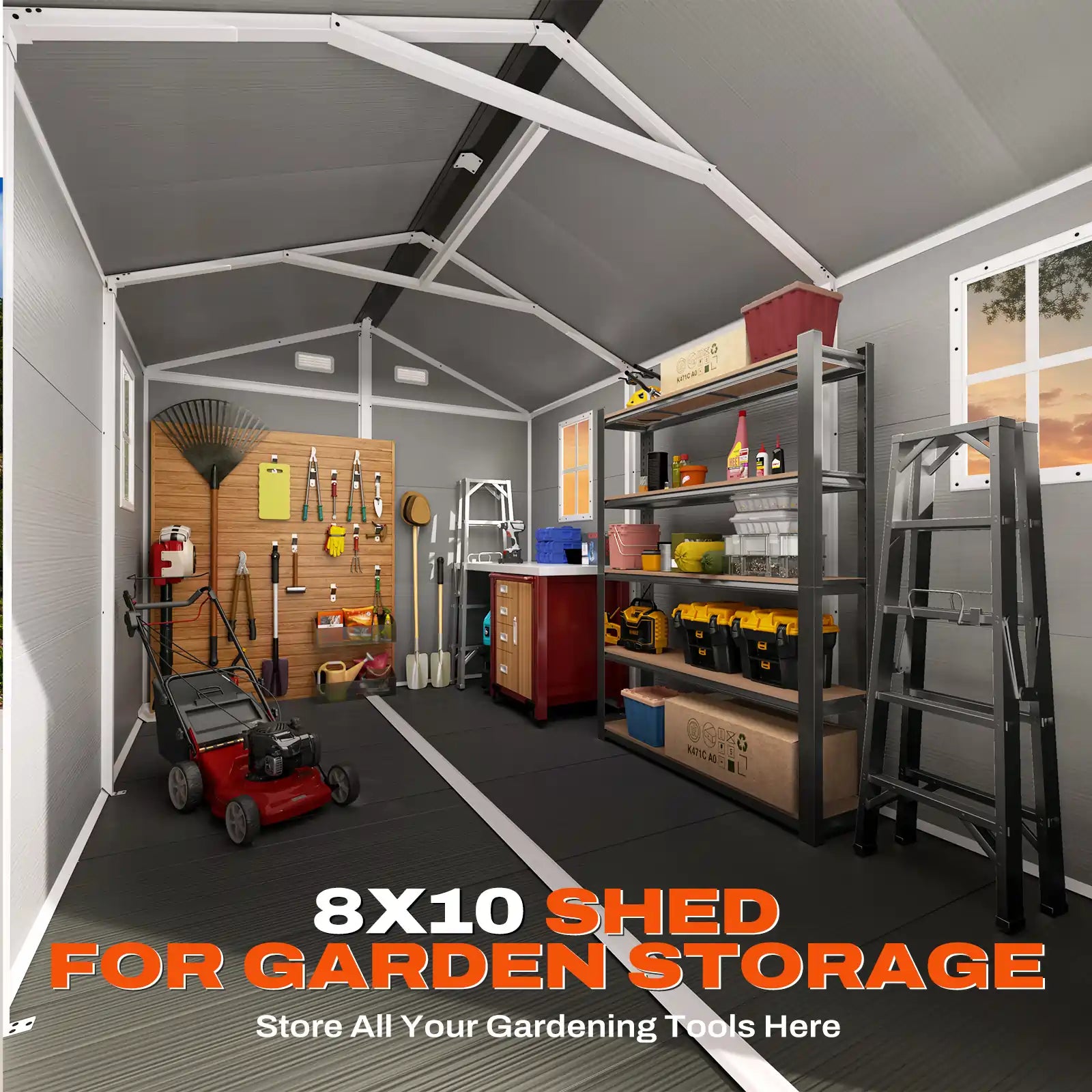 An 8x10 garage-style shed to Store All Your Gardening Tools#size_7.2x9.4FT-Light Gray