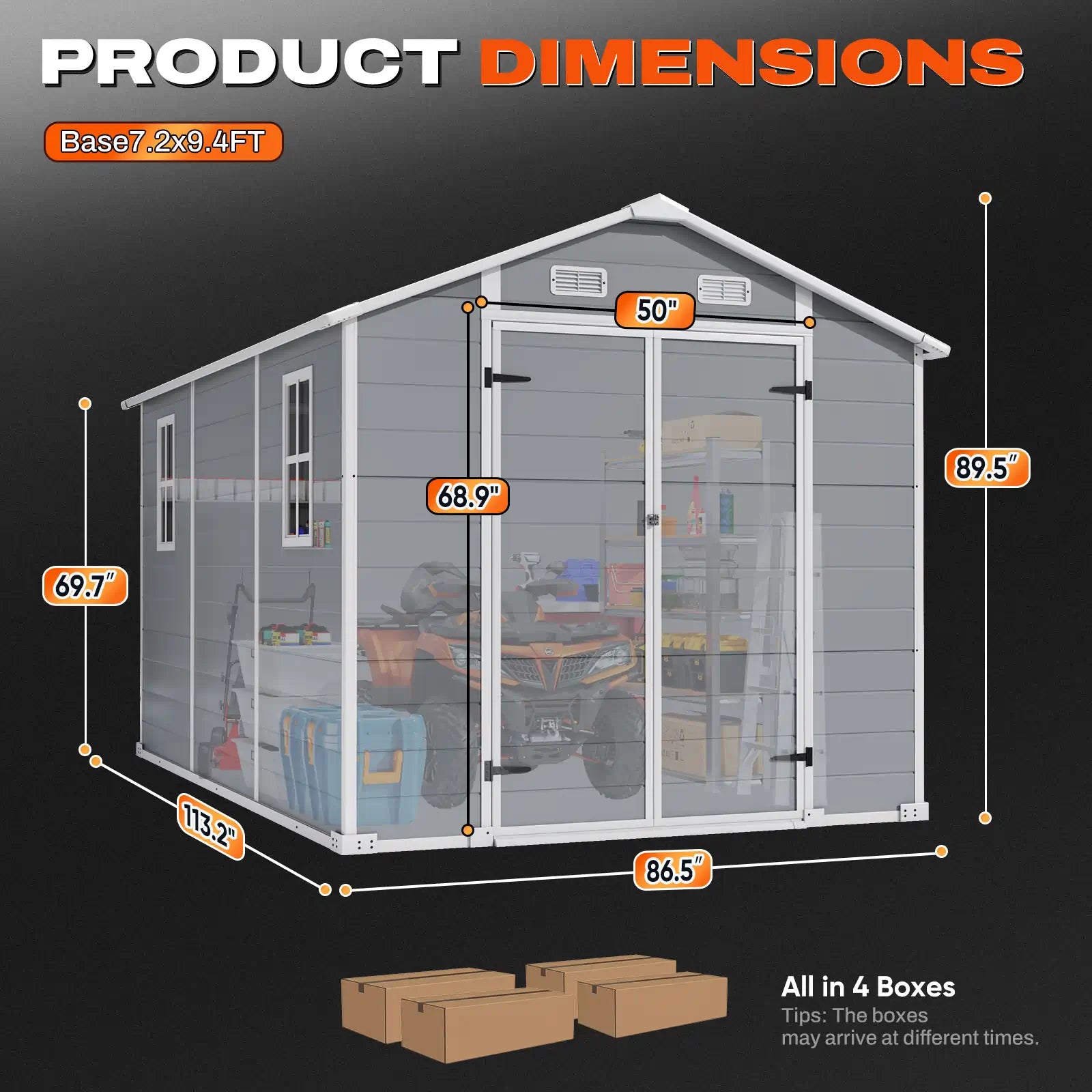 Product dimensions diagram of a gray resin shed#size_7.2x9.4FT-Light Gray
