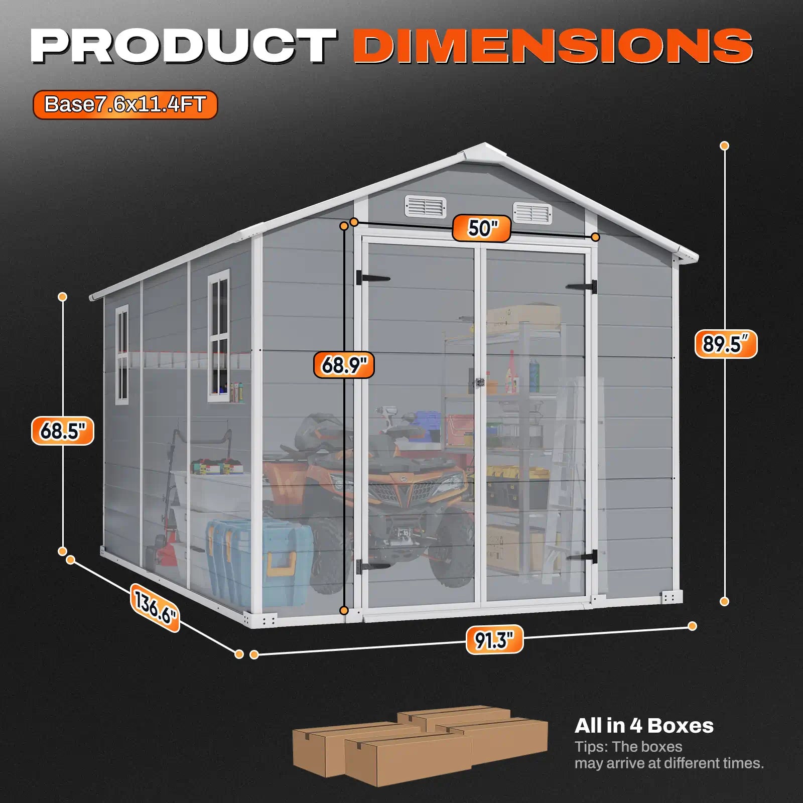 Product dimensions of a gray resin shed#size_7.6x11.4FT-Light Gray