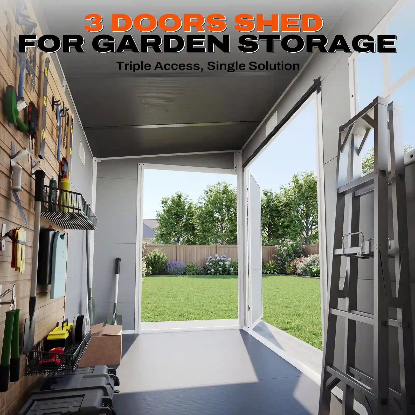 3 DOORS SHED FOR GARDEN STORAGE for easy Access#size_7.5x3.7FT-Light Gray