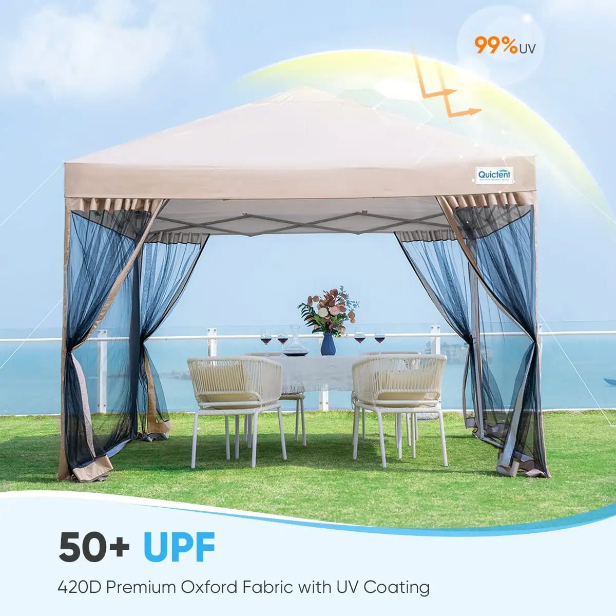 6.6' x 6.6' Small Pop Up Canopy with Netting - 50+ UPF#style_Beige