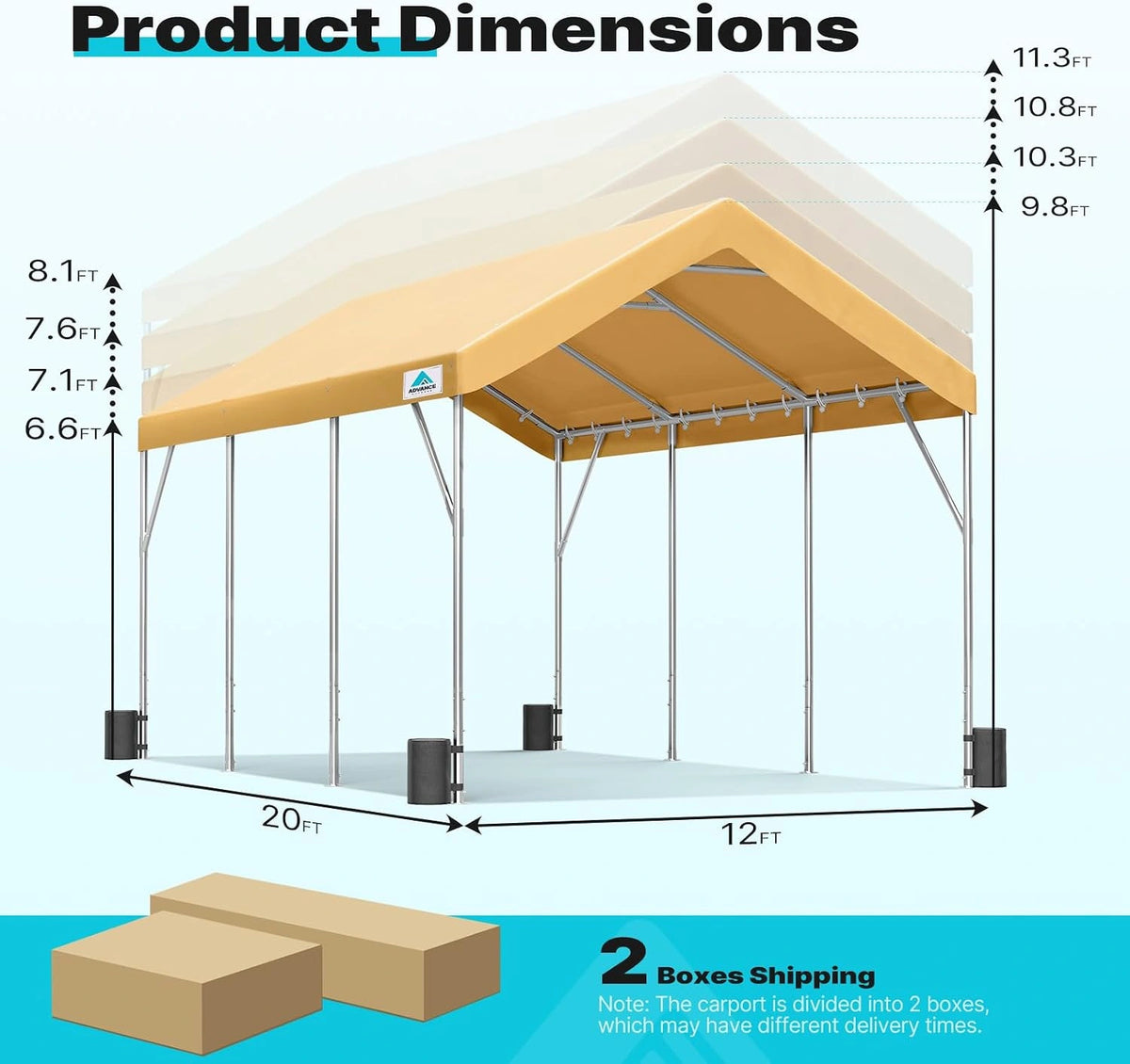 carport with dimensions and packaging details#style_Beige-12'x20'