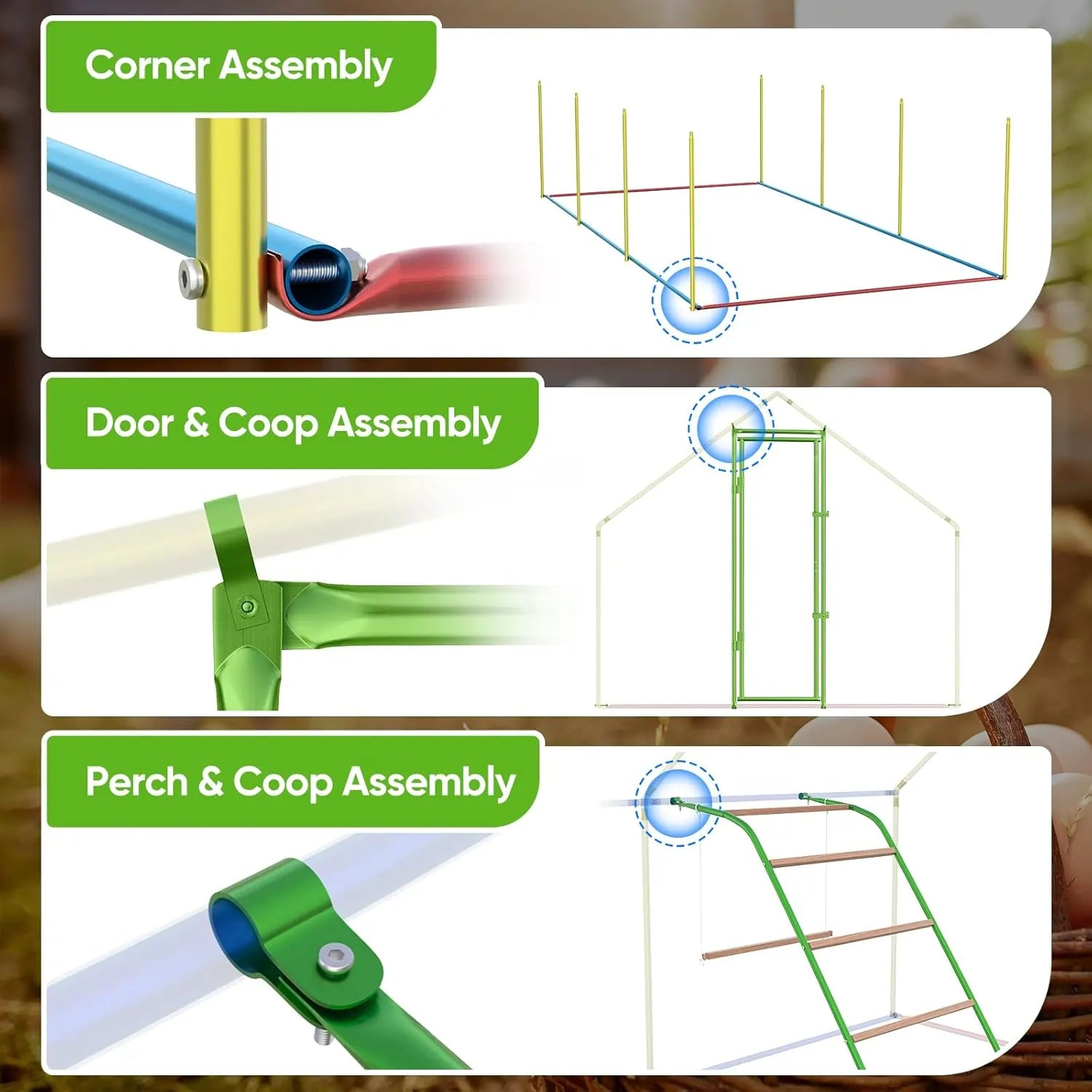 Illustrations of corner, door & coop, and perch & coop assemblies#size_18x9ft w/Extended Wire+Roosting Bar