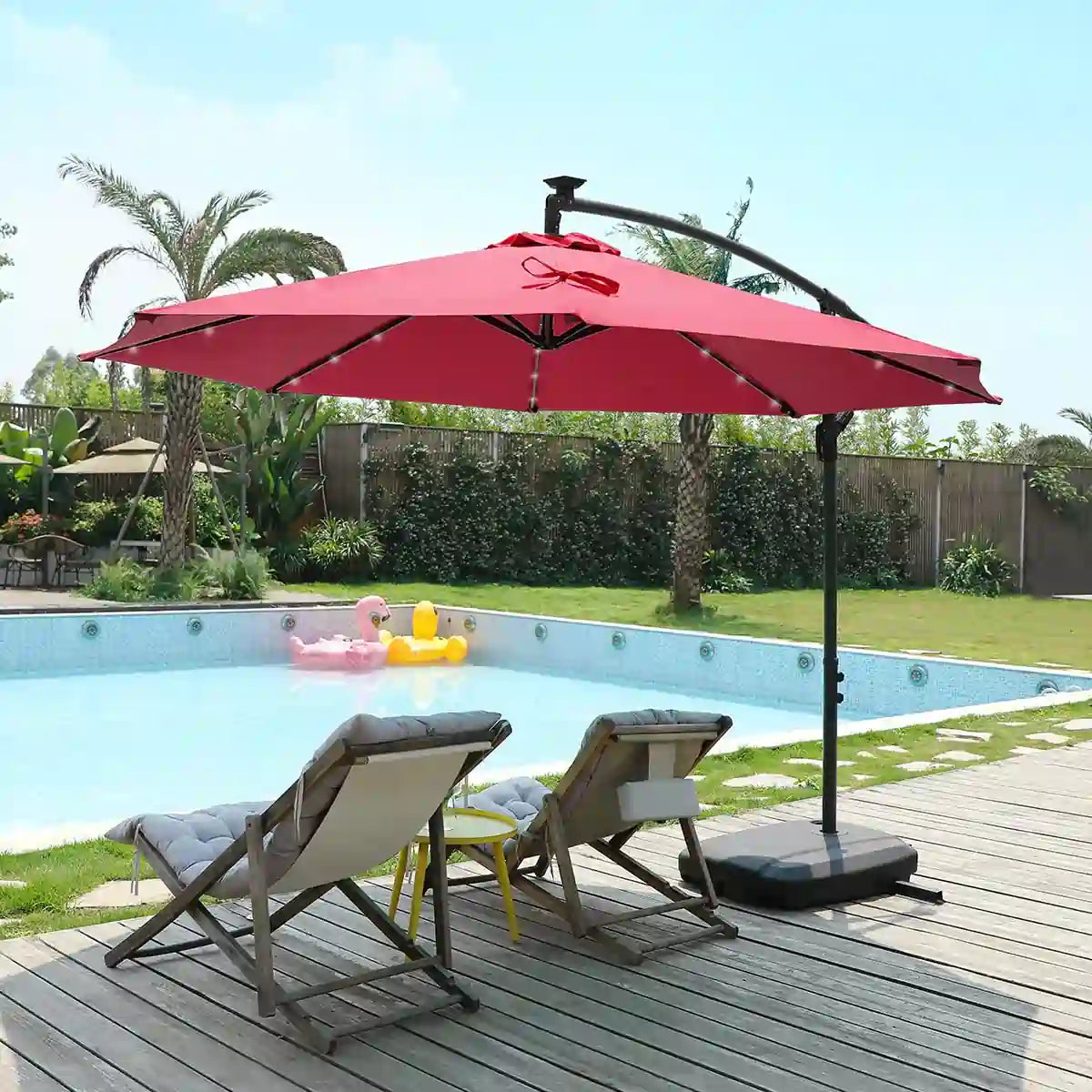 wine 10 ft offset umbrella with lights for pool#color_wine