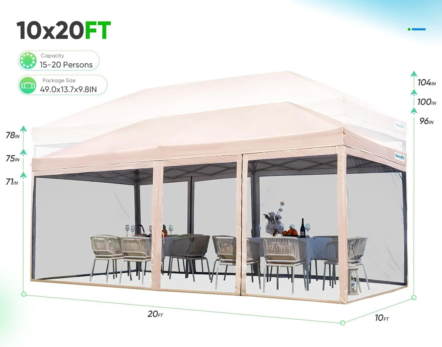 10'x20' Pop Up Canopy with Screen Size#color_Beige
