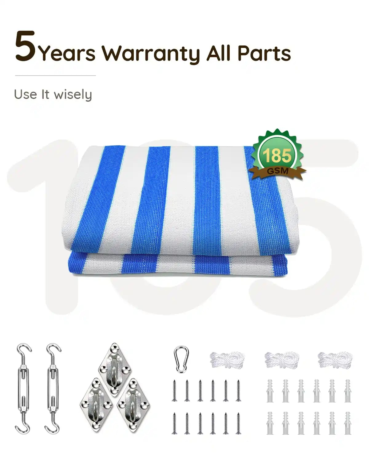 White and Blue shade sail has 5 years warranty
