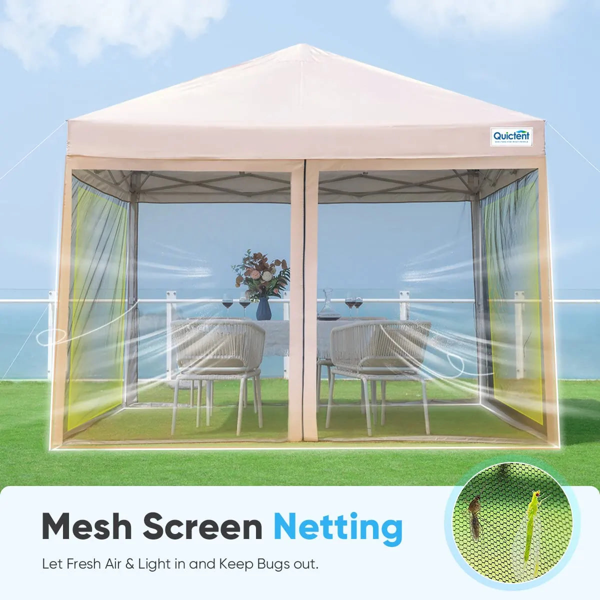 6.6' x 6.6' Small Pop Up Canopy - mesh screen netting#style_Beige
