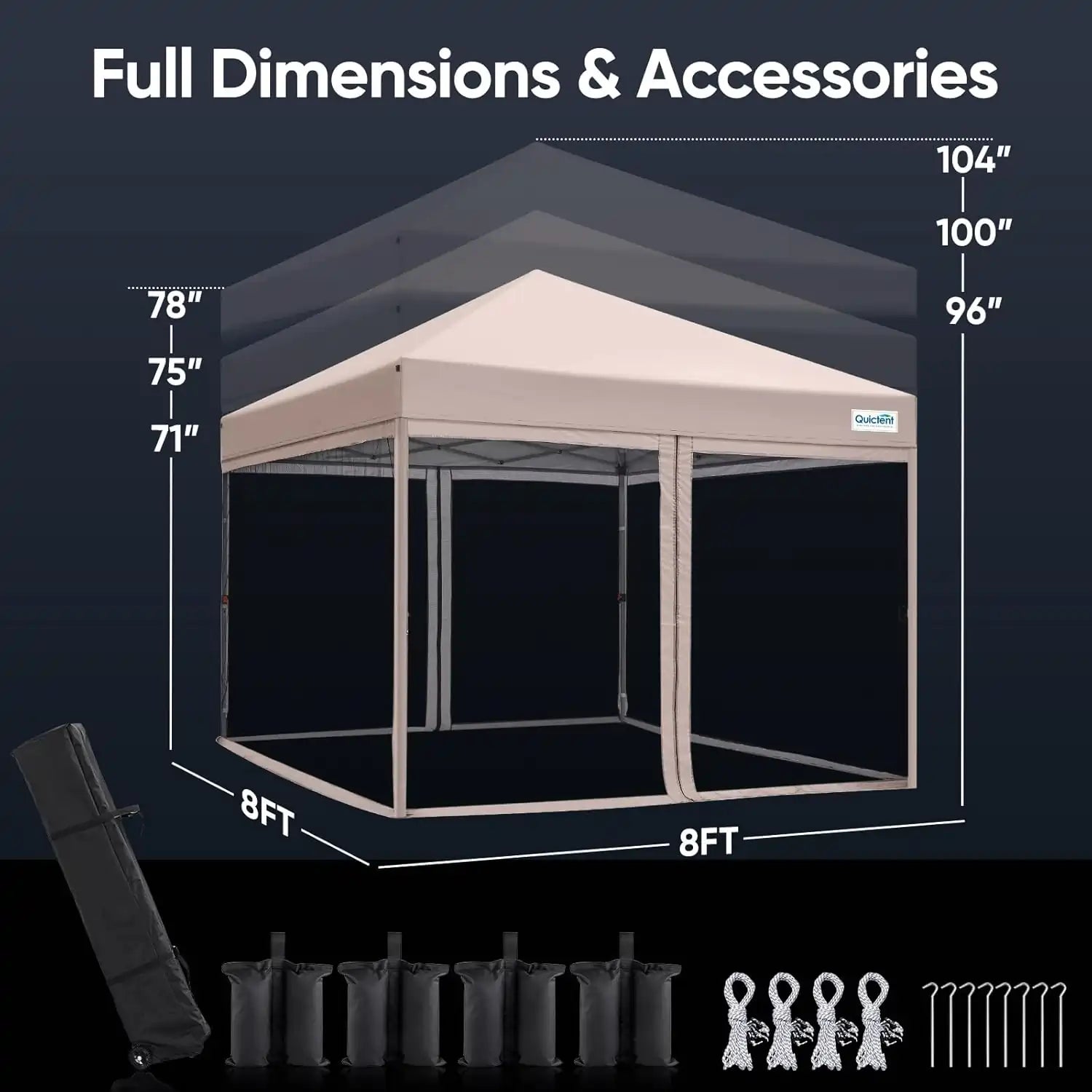 8' x 8' Pop Up Canopy with Netting Adjustable Height#color_tan
