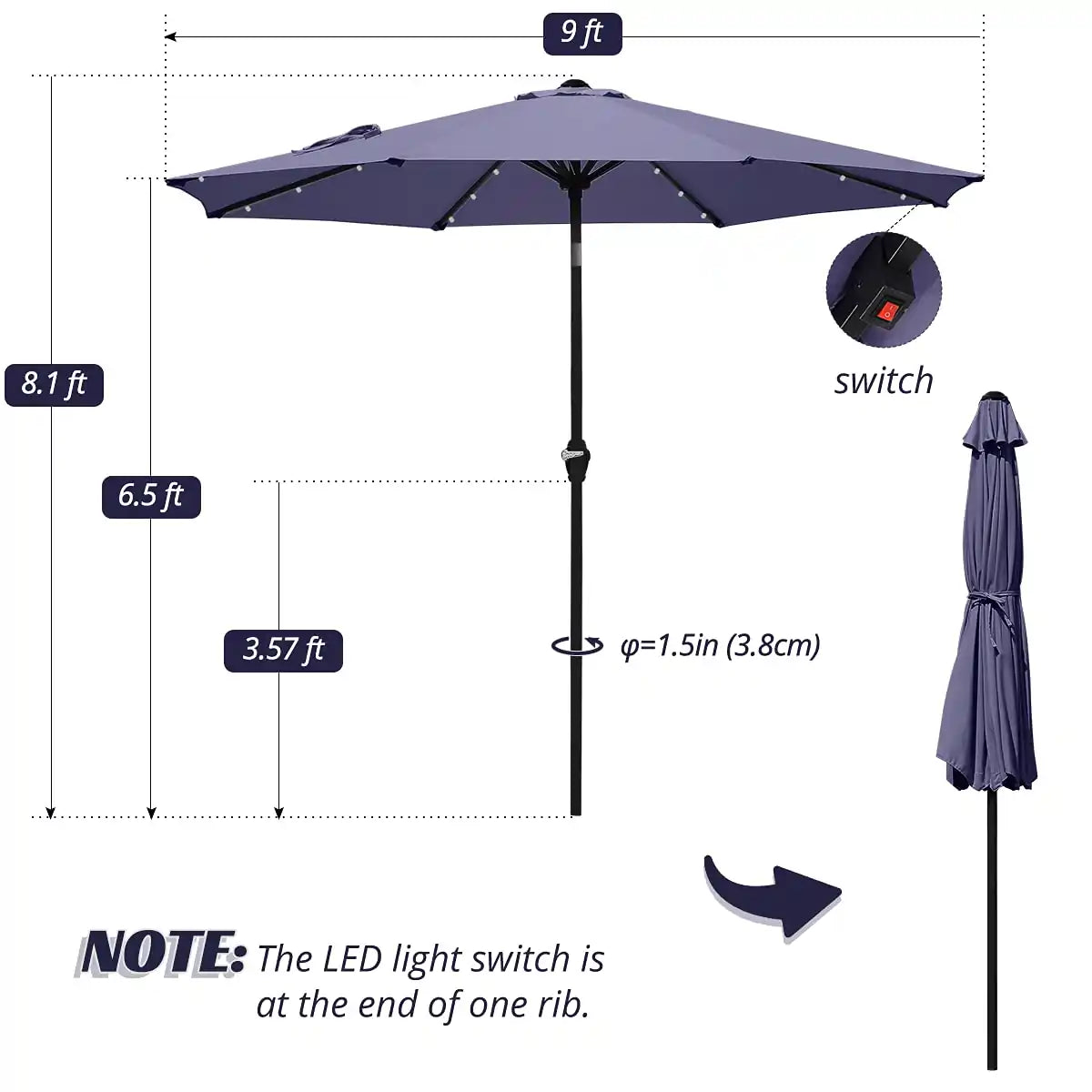 navy blue umbrella with led lights size#color_navy blue