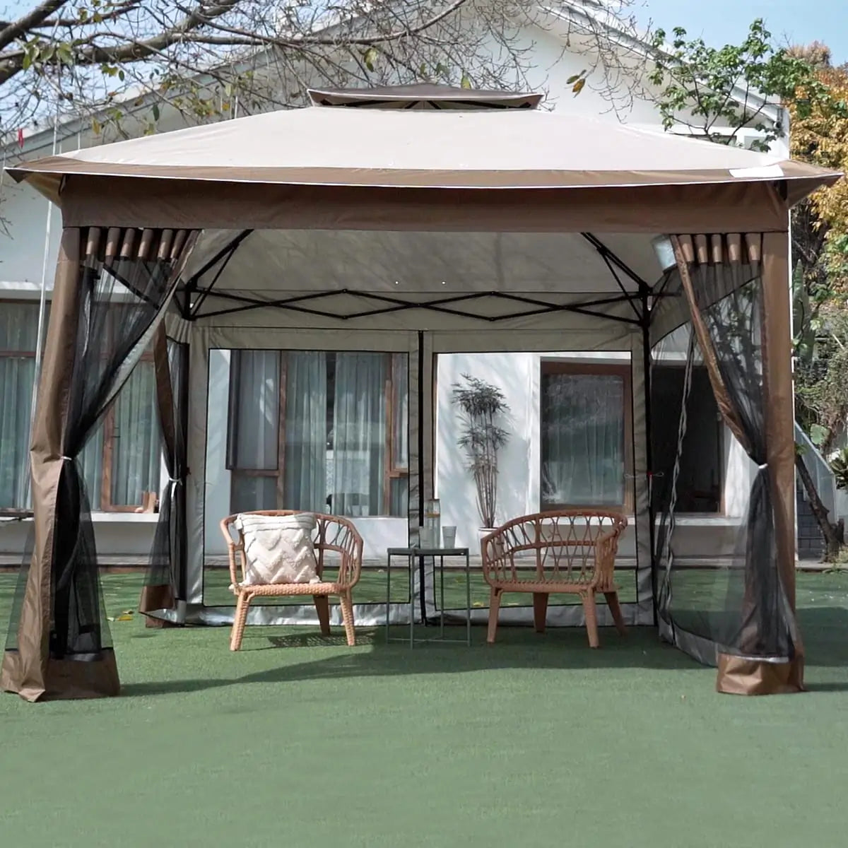 11x11 gazebo tent with netting#color_beige