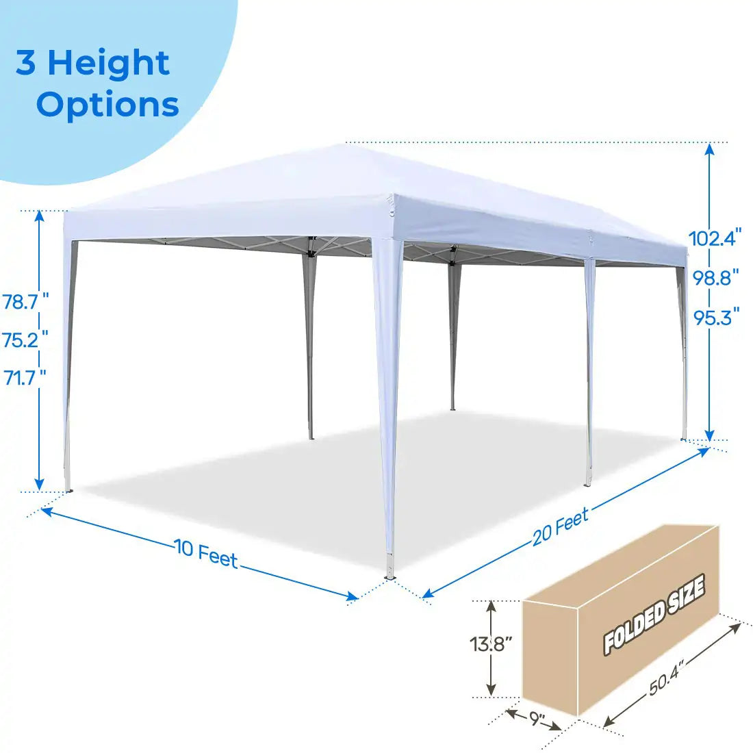 no side 10x20 pop up canopy 3 height#color_white
