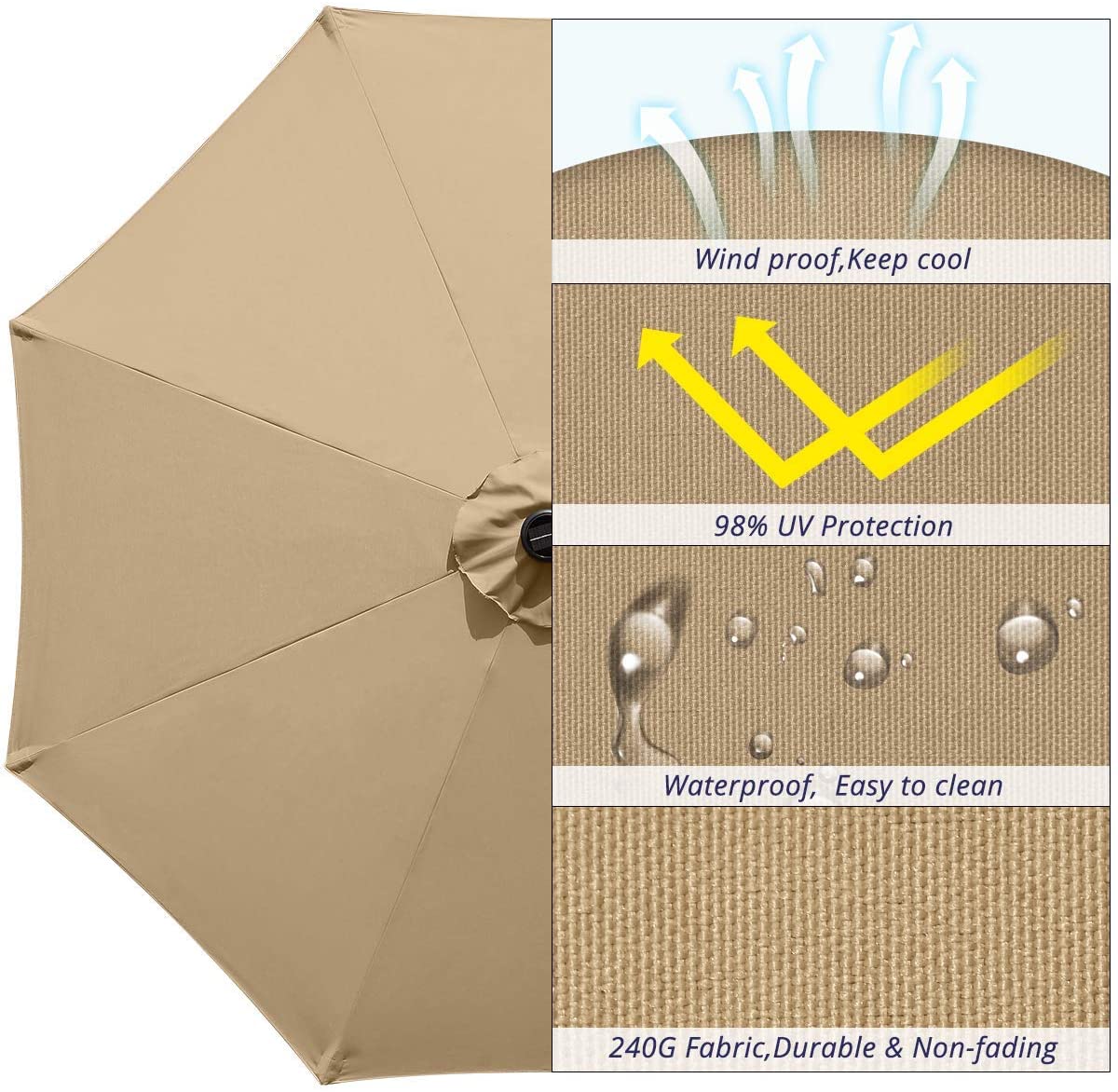 9ft patio umbrella with lights 98% UV Protection#color_tan