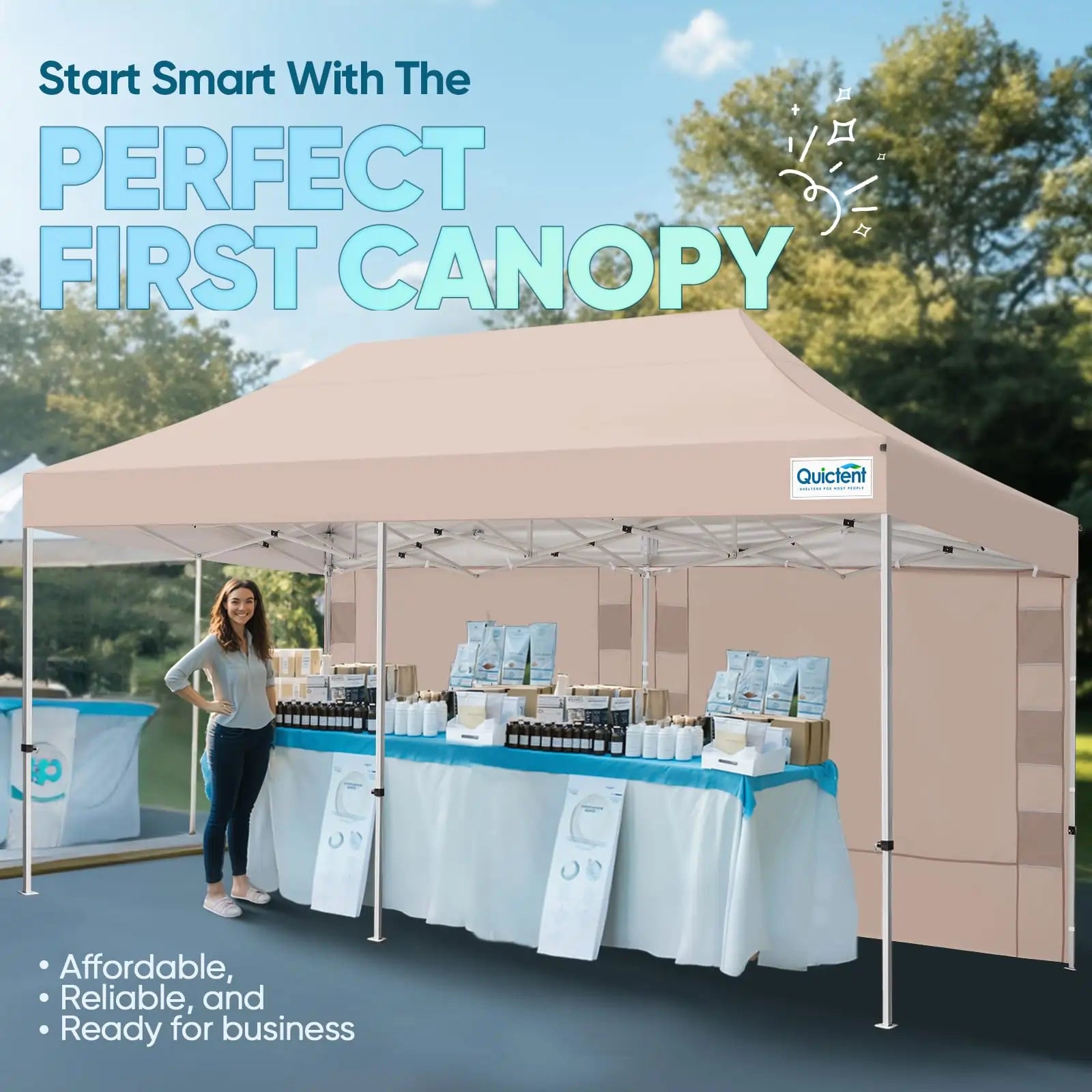 Perfect for events, craft fairs, vendor booths, parties, camping, beach outings#style_10x20 With 1 Sidewall-Beige