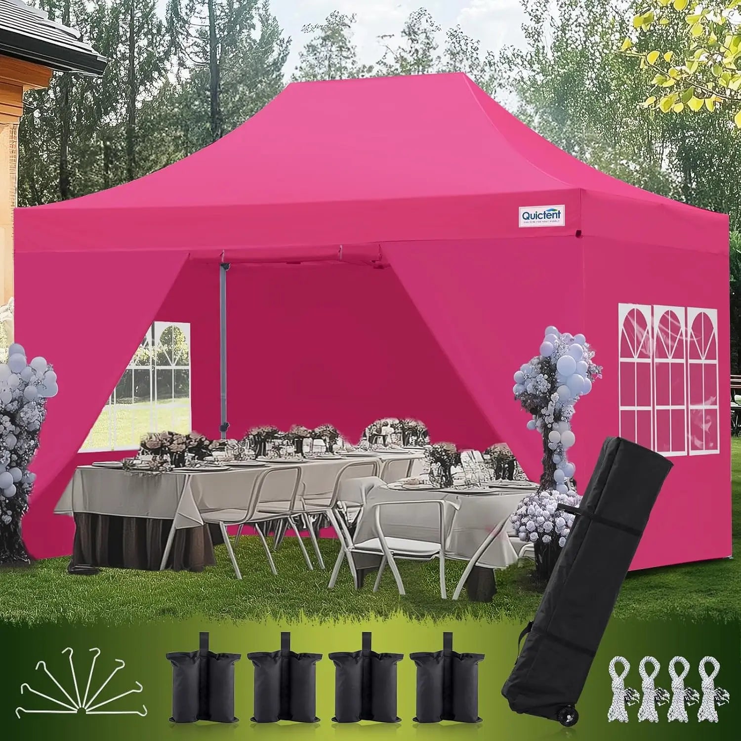 Bright pink pop-up canopy tent with a peaked roof#color_Pink